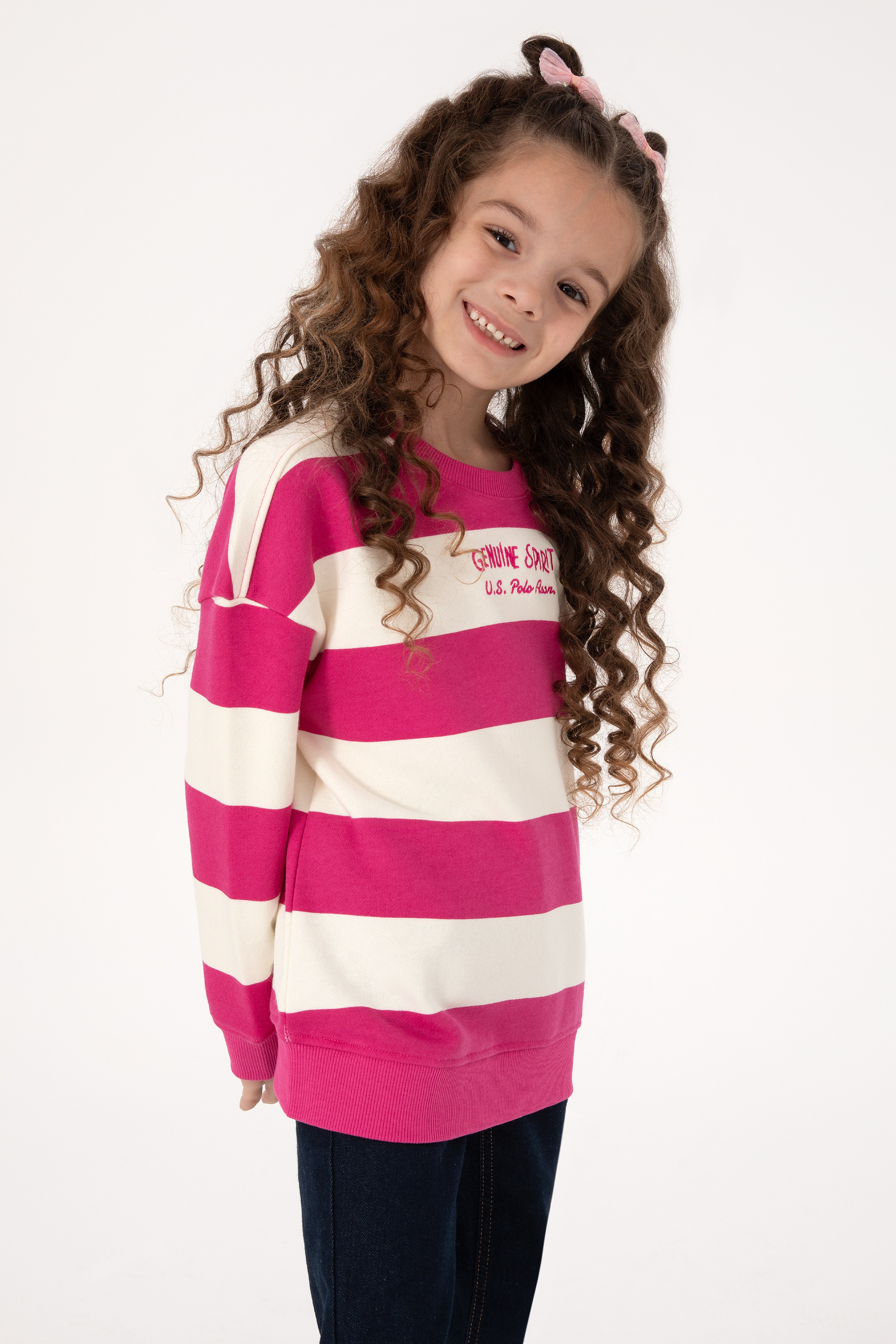 Kız Çocuk Pembe Çizgili Bisiklet Yaka Sweatshirt - Image 2