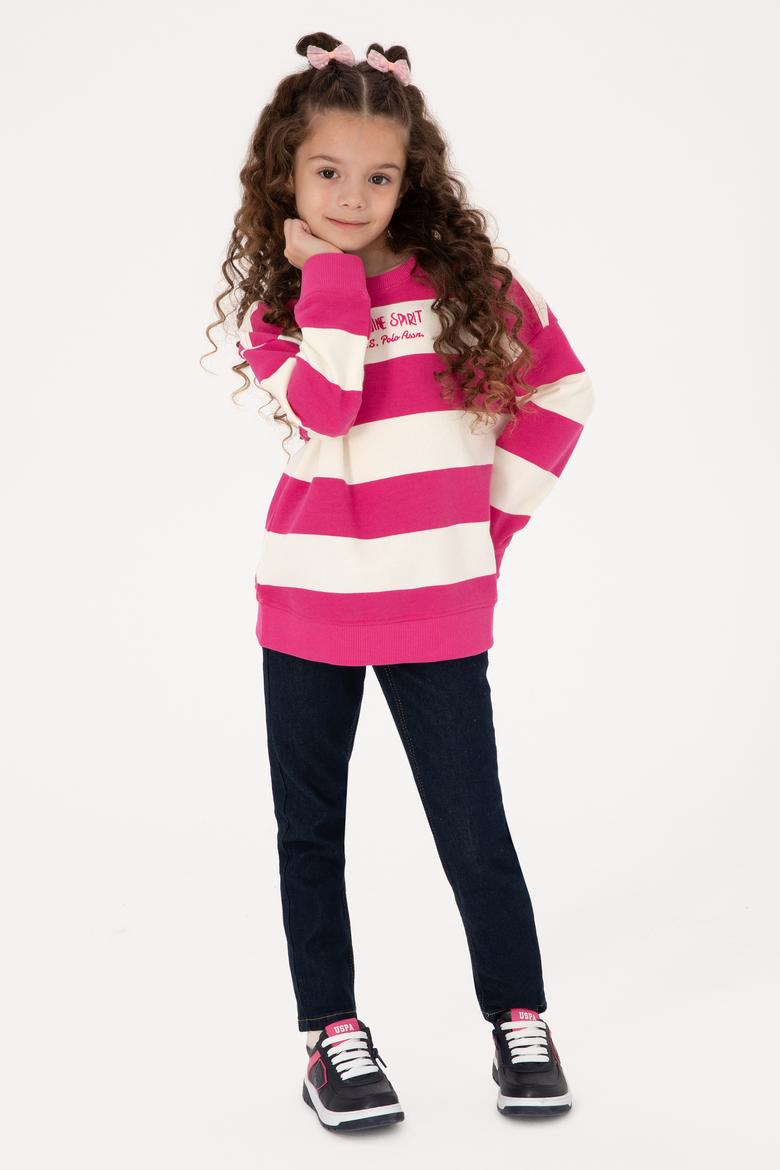 Kız Çocuk Pembe Çizgili Bisiklet Yaka Sweatshirt