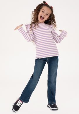 Kız Çocuk Lila Çizgili Bisiklet Yaka Sweatshirt - 50317983010