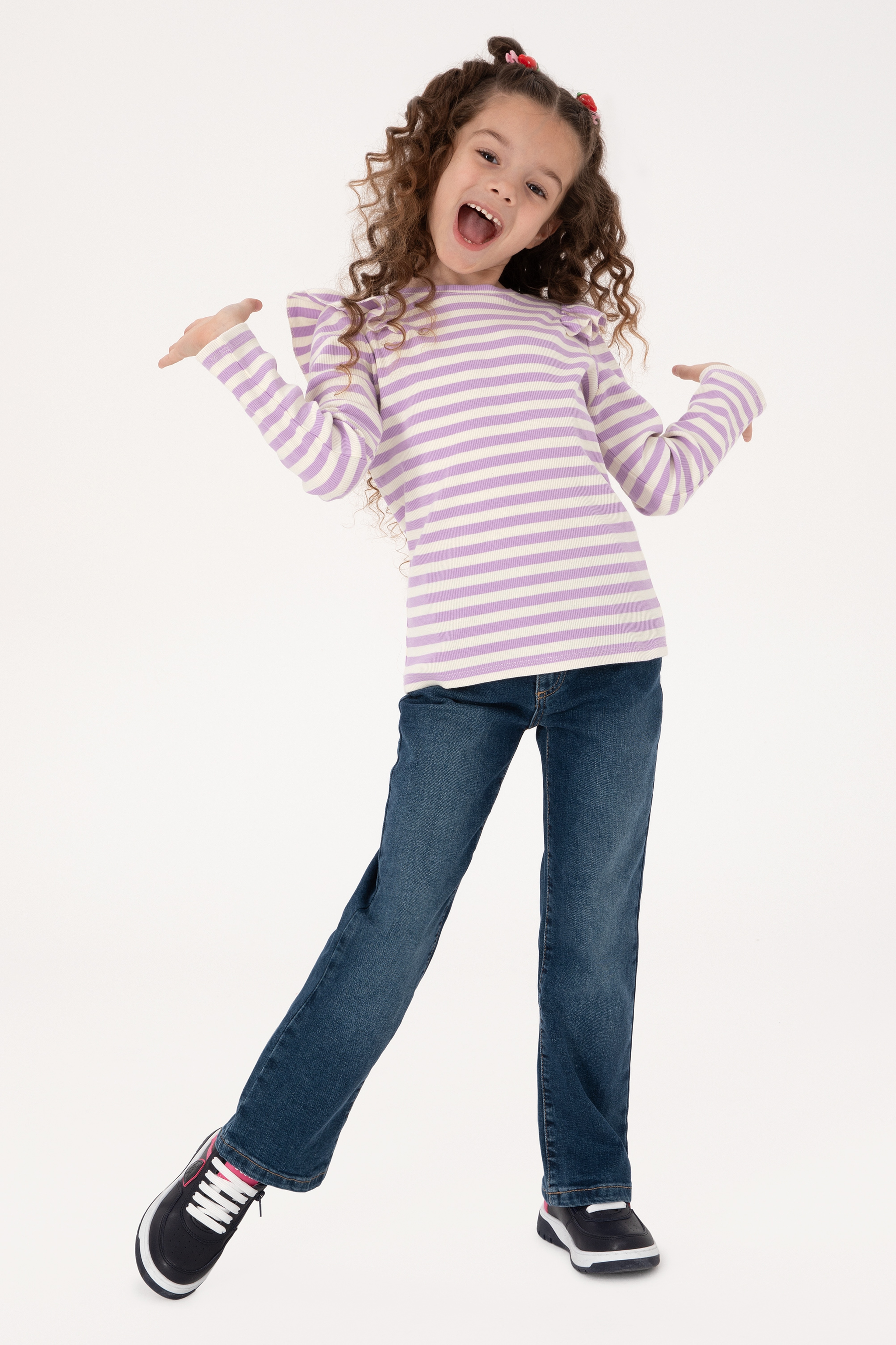 Kız Çocuk Lila Çizgili Bisiklet Yaka Sweatshirt - Image 2