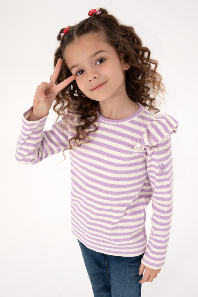 Kız Çocuk Lila Çizgili Bisiklet Yaka Sweatshirt