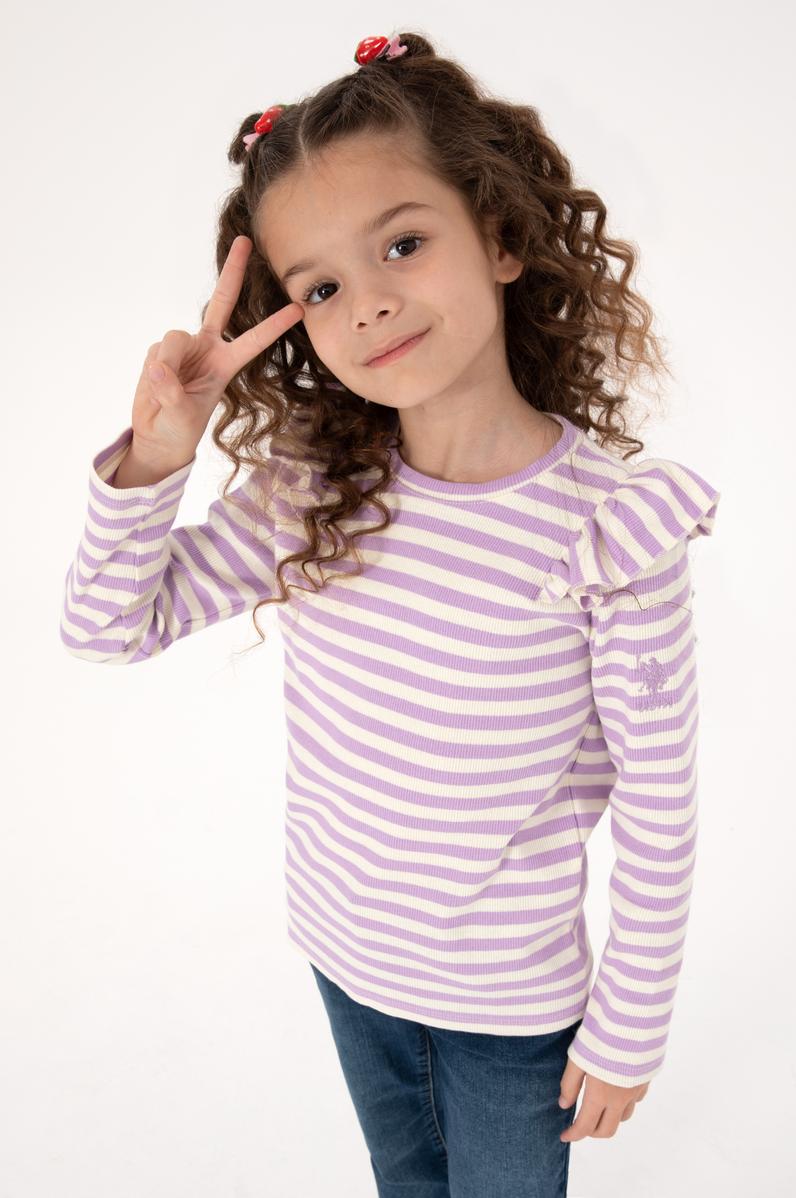 Kız Çocuk Lila Çizgili Bisiklet Yaka Sweatshirt