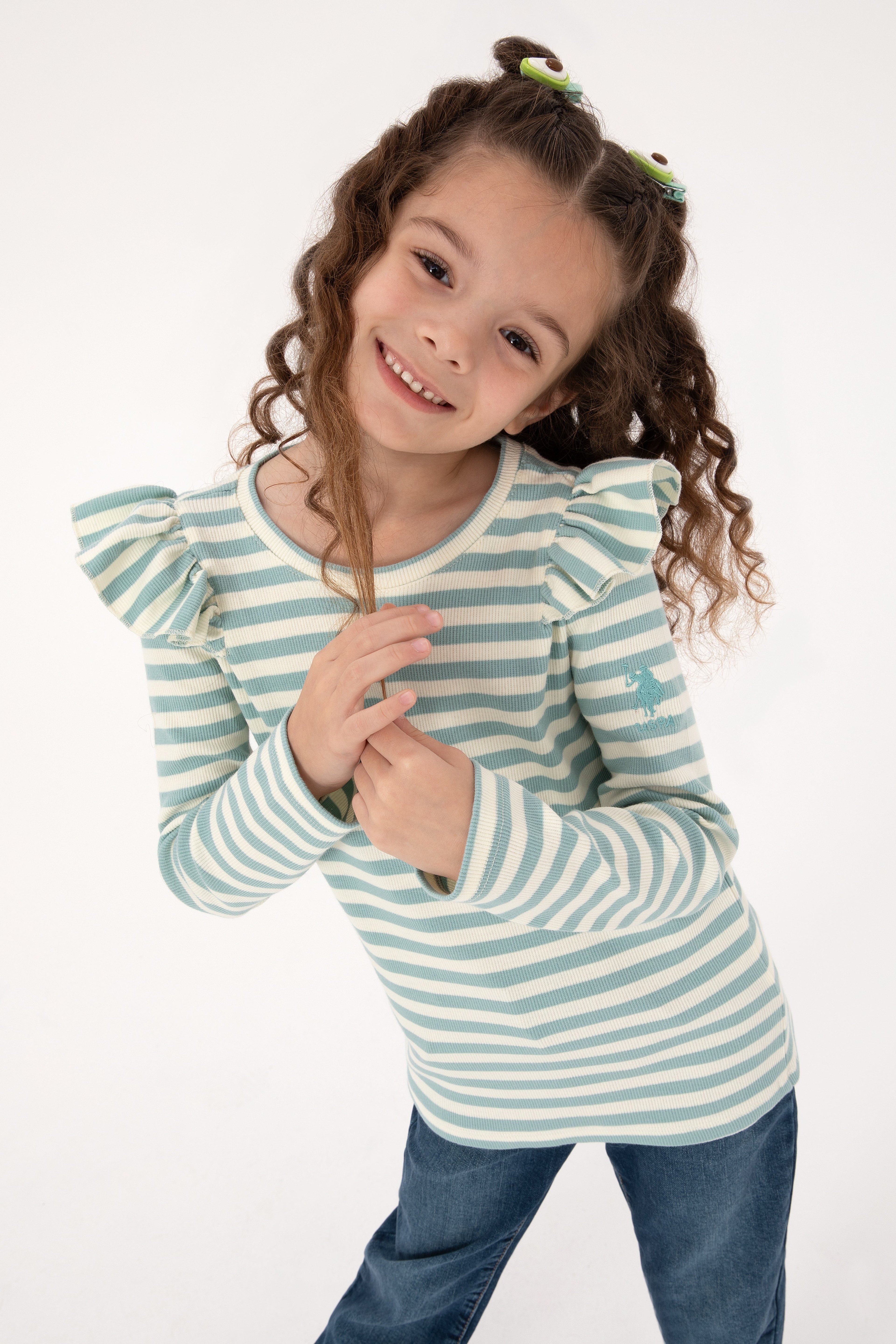 Kız Çocuk Mint Çizgili Bisiklet Yaka Sweatshirt - Image 1