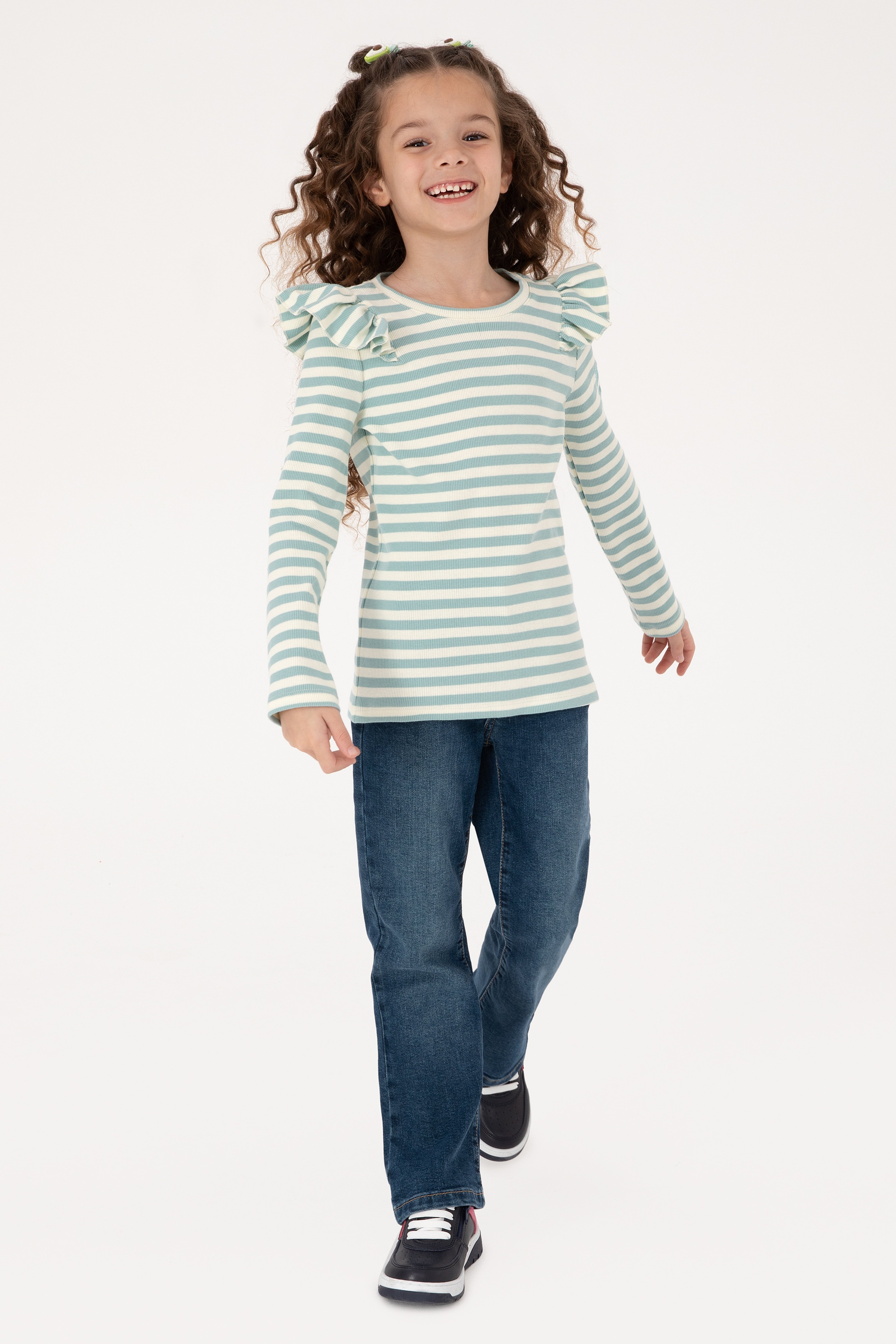 Kız Çocuk Mint Çizgili Bisiklet Yaka Sweatshirt - Image 2