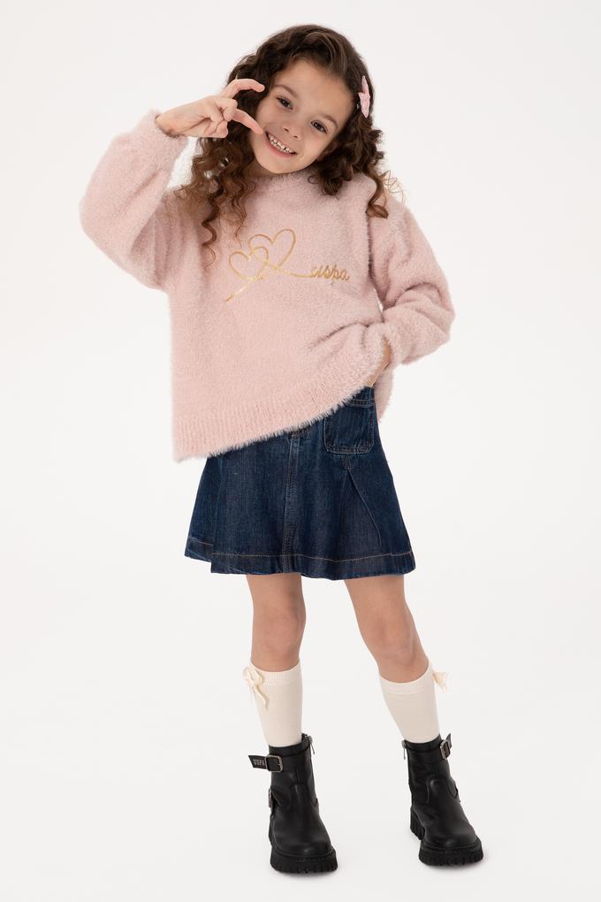 Kız Çocuk Bisiklet Yaka Pudra Kazak