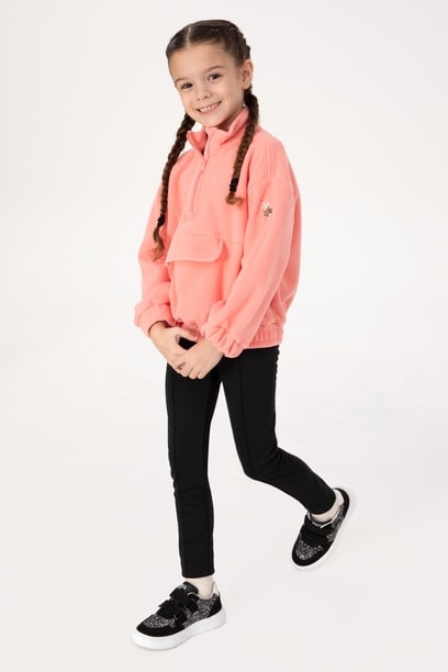 Kız Çocuk Neon Pembe Polarlı Yarım Fermuarlı Sweatshirt