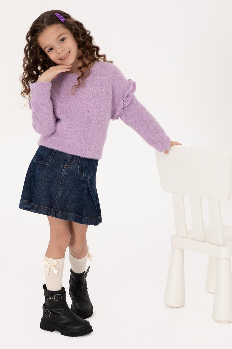 Kız Çocuk Lila Kolları Fırfırlı Bisiklet Yaka Sweatshirt