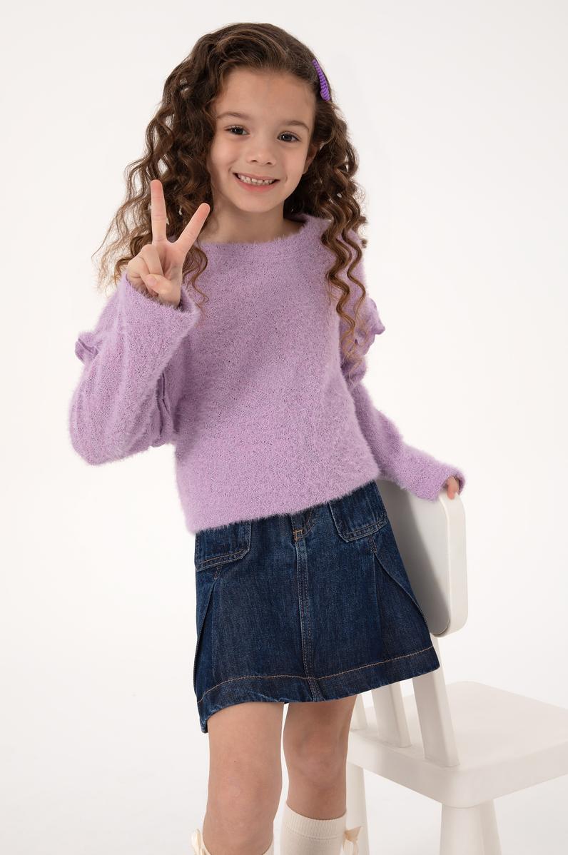 Kız Çocuk Lila Kolları Fırfırlı Bisiklet Yaka Sweatshirt