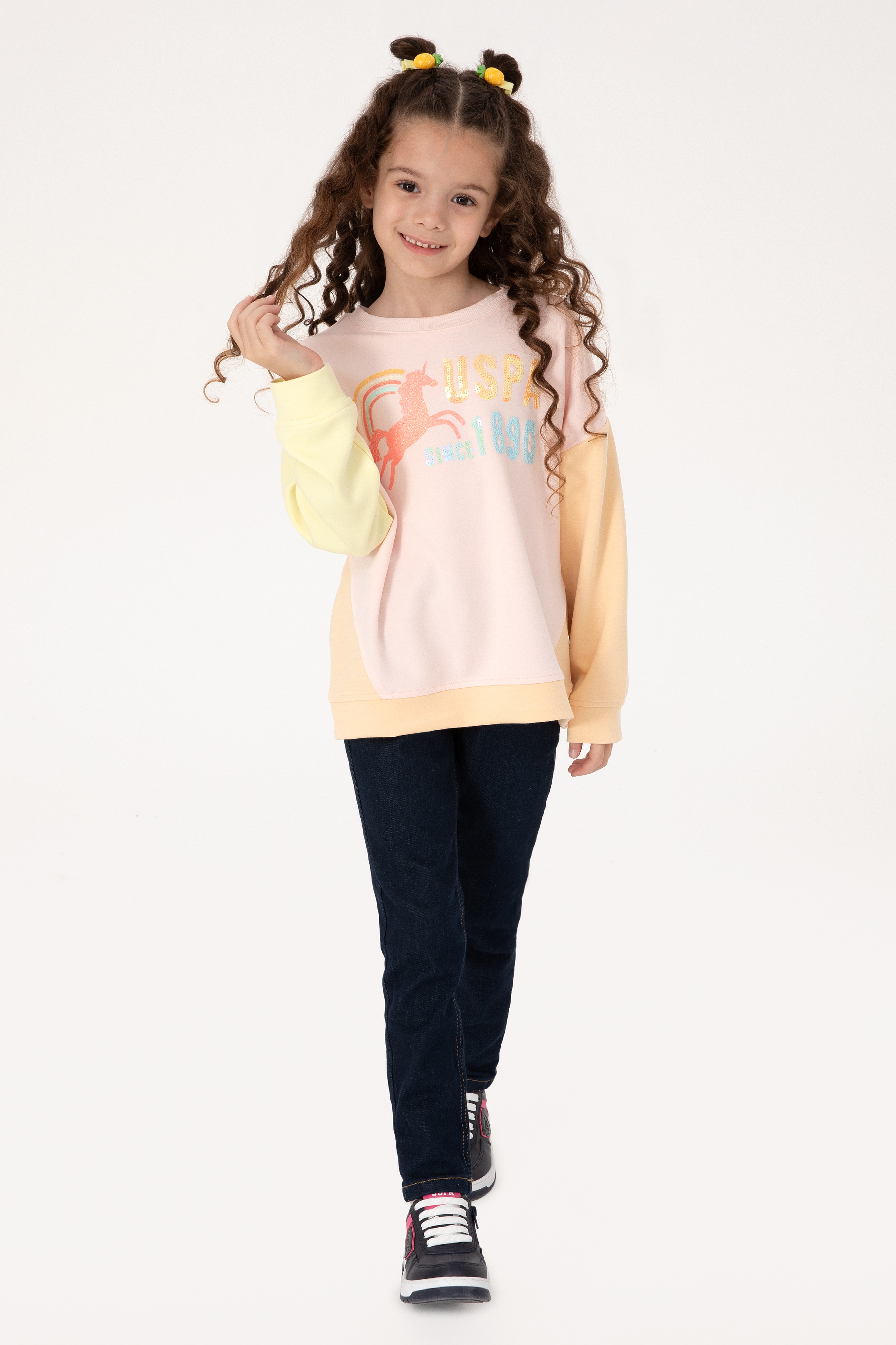 Kız Çocuk Açık Pembe Bisiklet Yaka Sweatshirt
