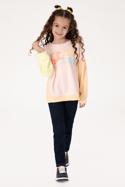 Kız Çocuk Açık Pembe Bisiklet Yaka Sweatshirt