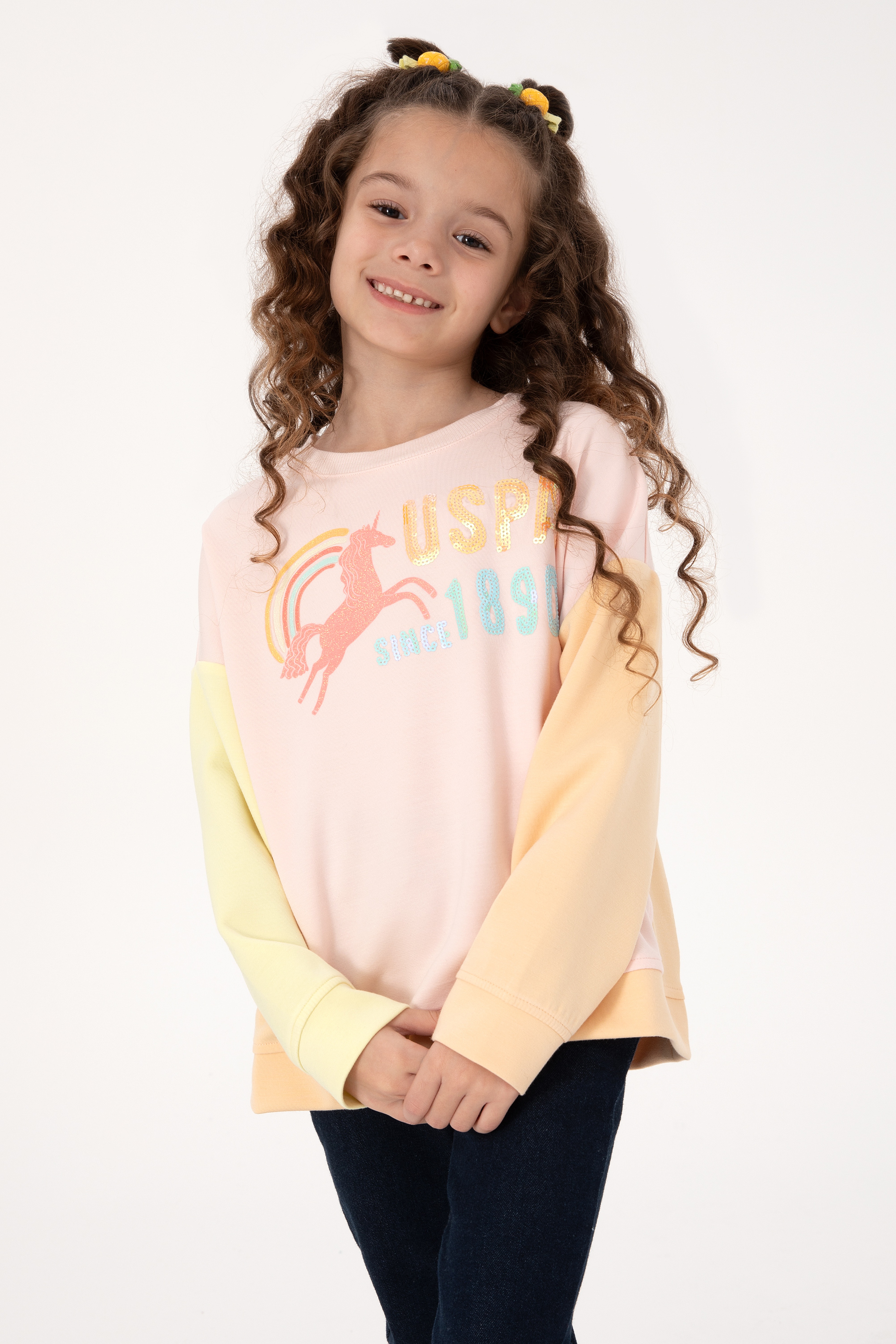 Kız Çocuk Açık Pembe Bisiklet Yaka Sweatshirt - Image 1