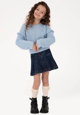 Kız Çocuk Mavi Kolları Fırfır Detaylı Bisiklet Yaka Sweatshirt - 50317904013