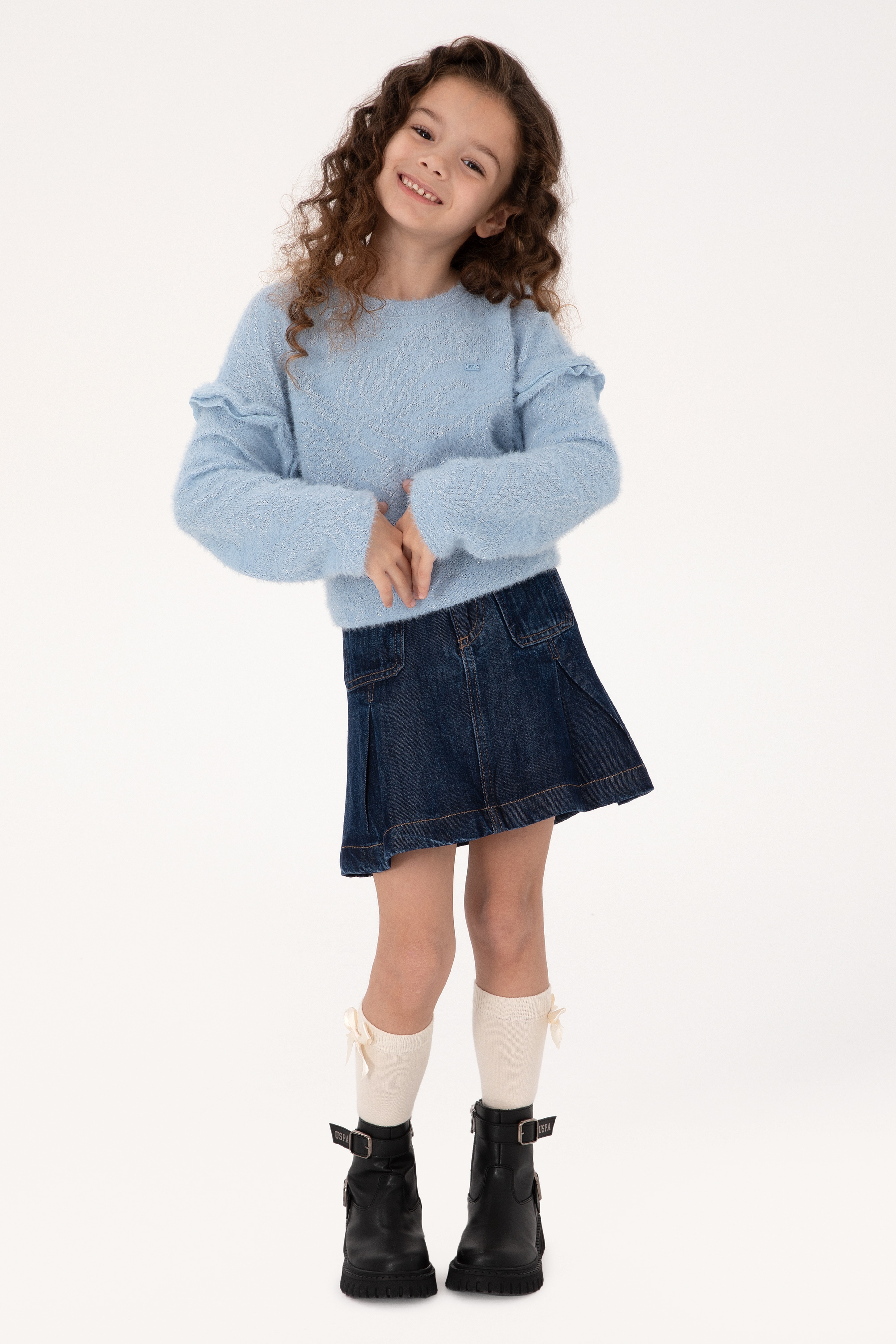 Kız Çocuk Mavi Kolları Fırfır Detaylı Bisiklet Yaka Sweatshirt