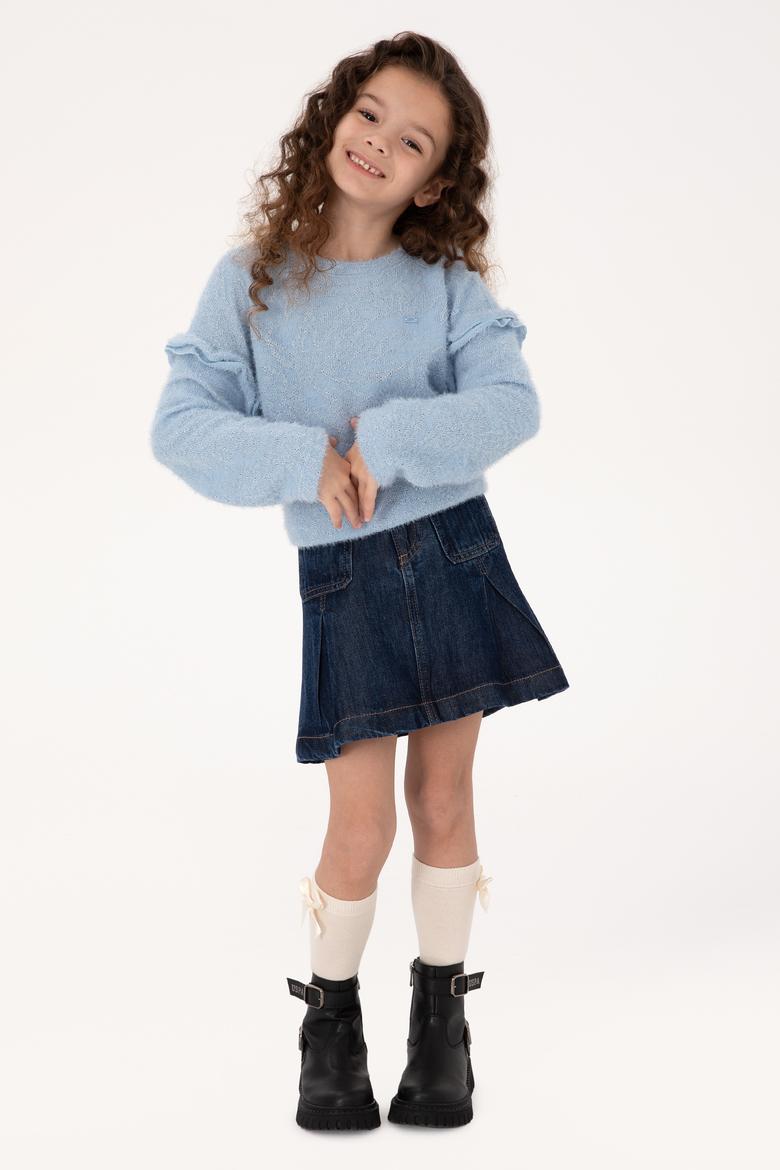 Kız Çocuk Mavi Kolları Fırfır Detaylı Bisiklet Yaka Sweatshirt - 50317904013