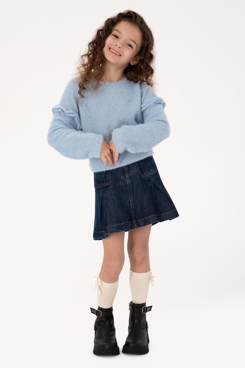 Kız Çocuk Mavi Kolları Fırfır Detaylı Bisiklet Yaka Sweatshirt