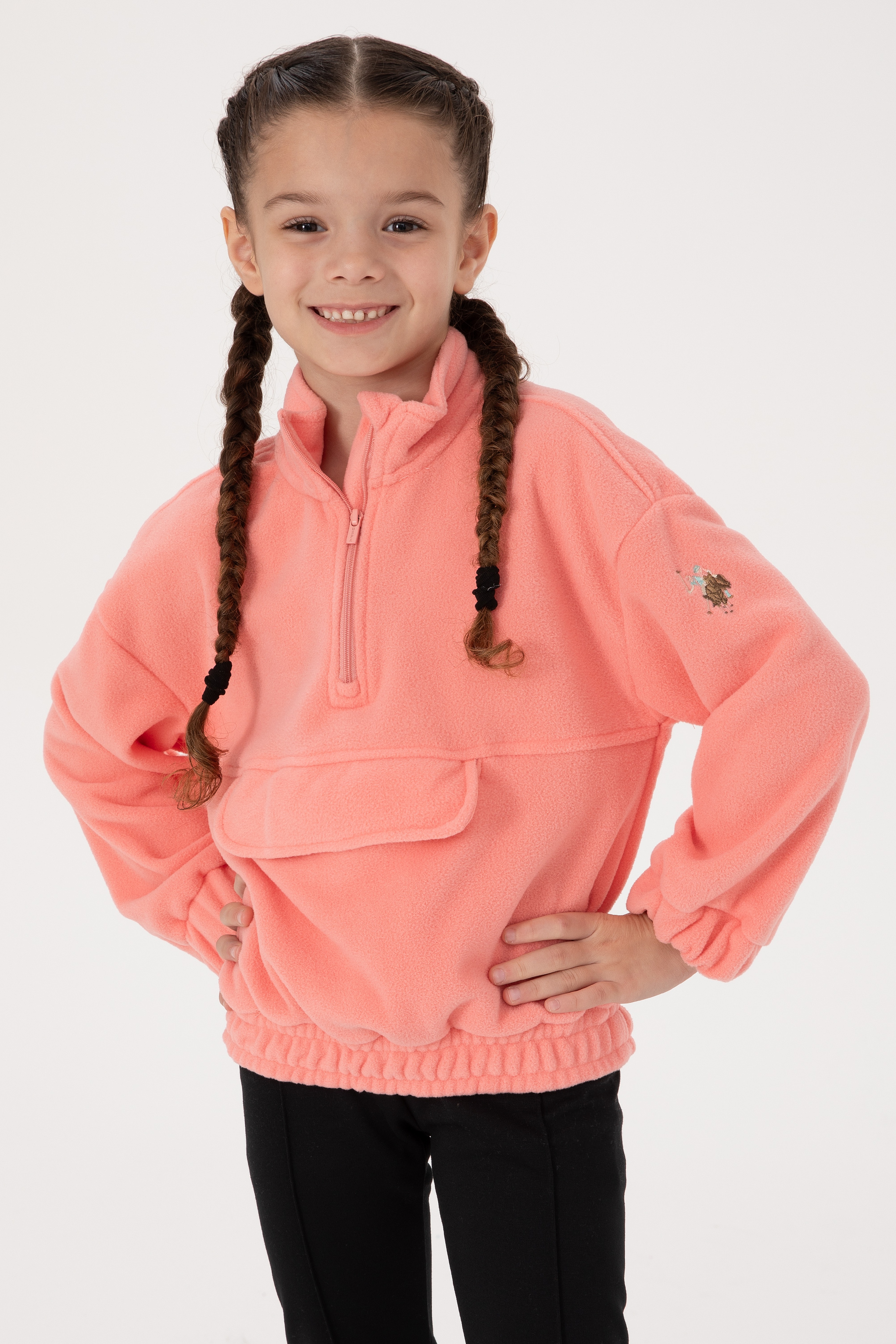 Kız Çocuk Neon Pembe Polarlı Yarım Fermuarlı Sweatshirt - Image 1