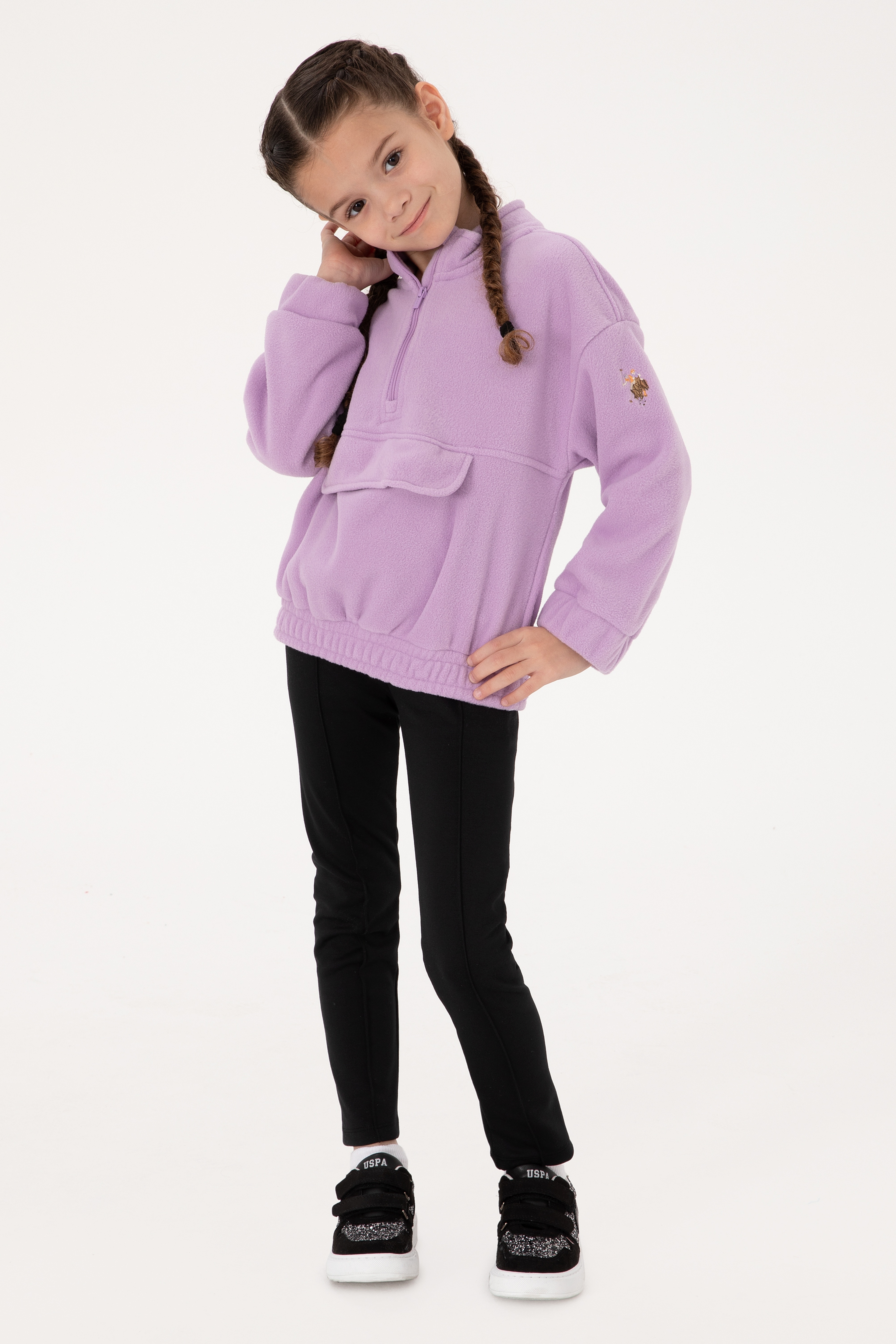 Kız Çocuk Lila Polarlı Yarım Fermuarlı Sweatshirt