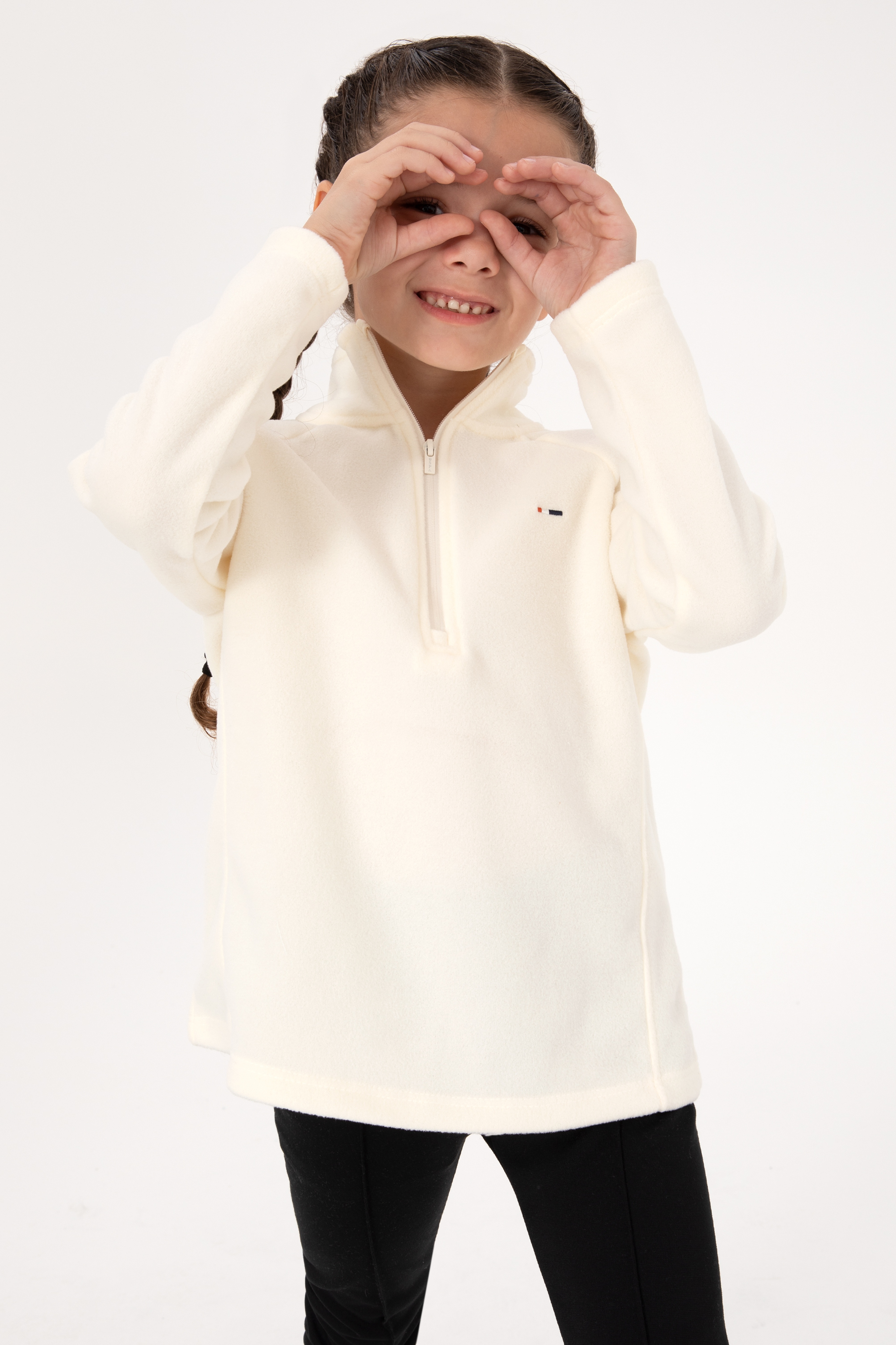 Kız Çocuk Krem Polarlı Yarım Fermuarlı Sweatshirt - Image 1