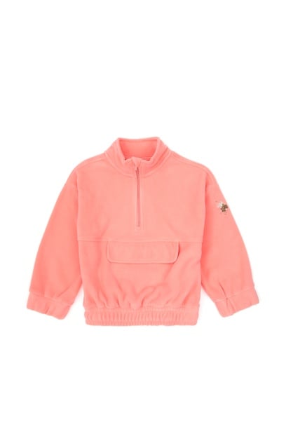 Kız Çocuk Neon Pembe Polarlı Yarım Fermuarlı Sweatshirt