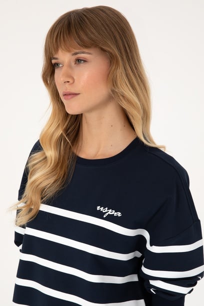 Kadın Lacivert Çizgili Bisiklet Yaka Sweatshirt