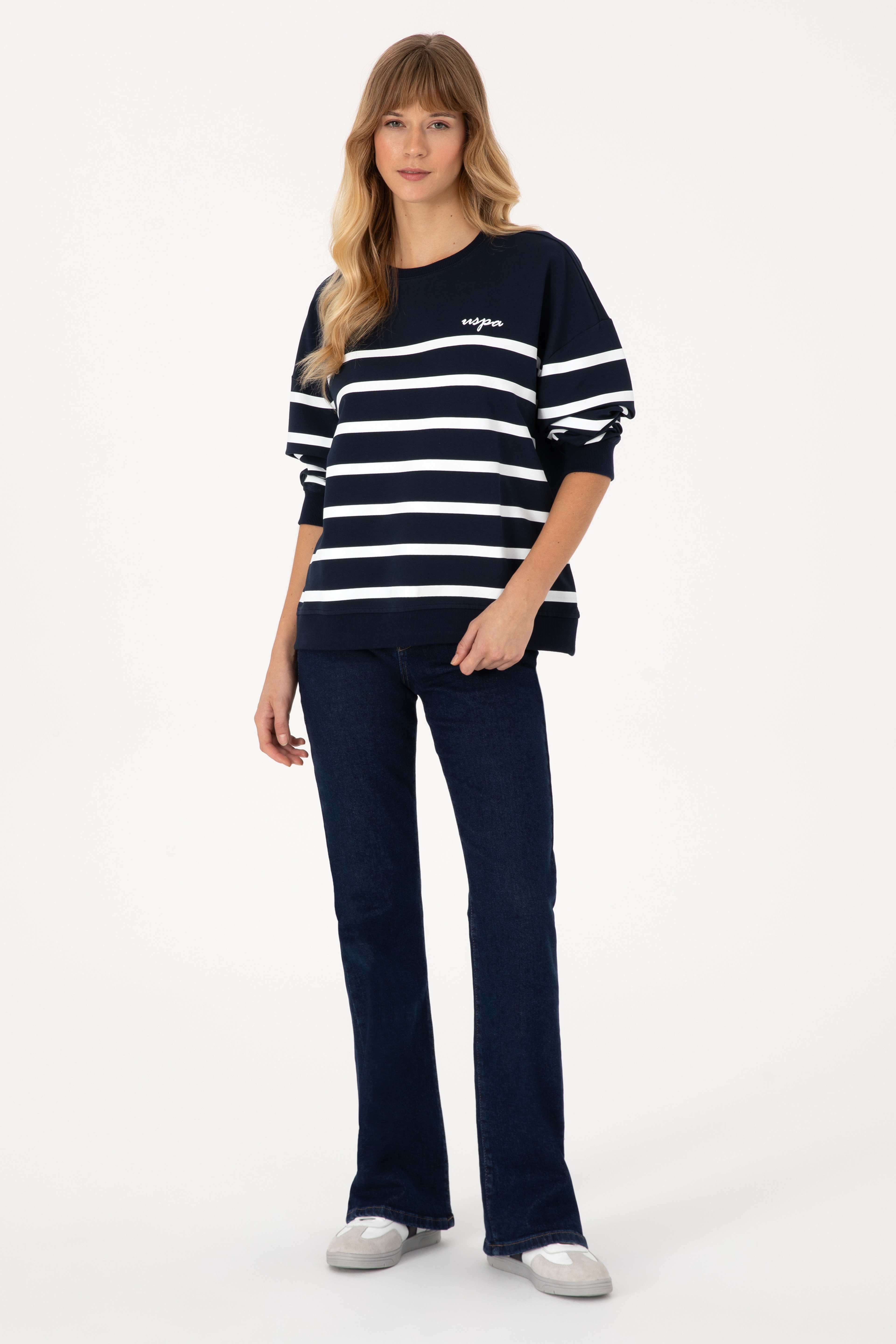 Kadın Lacivert Çizgili Bisiklet Yaka Sweatshirt - Image 4