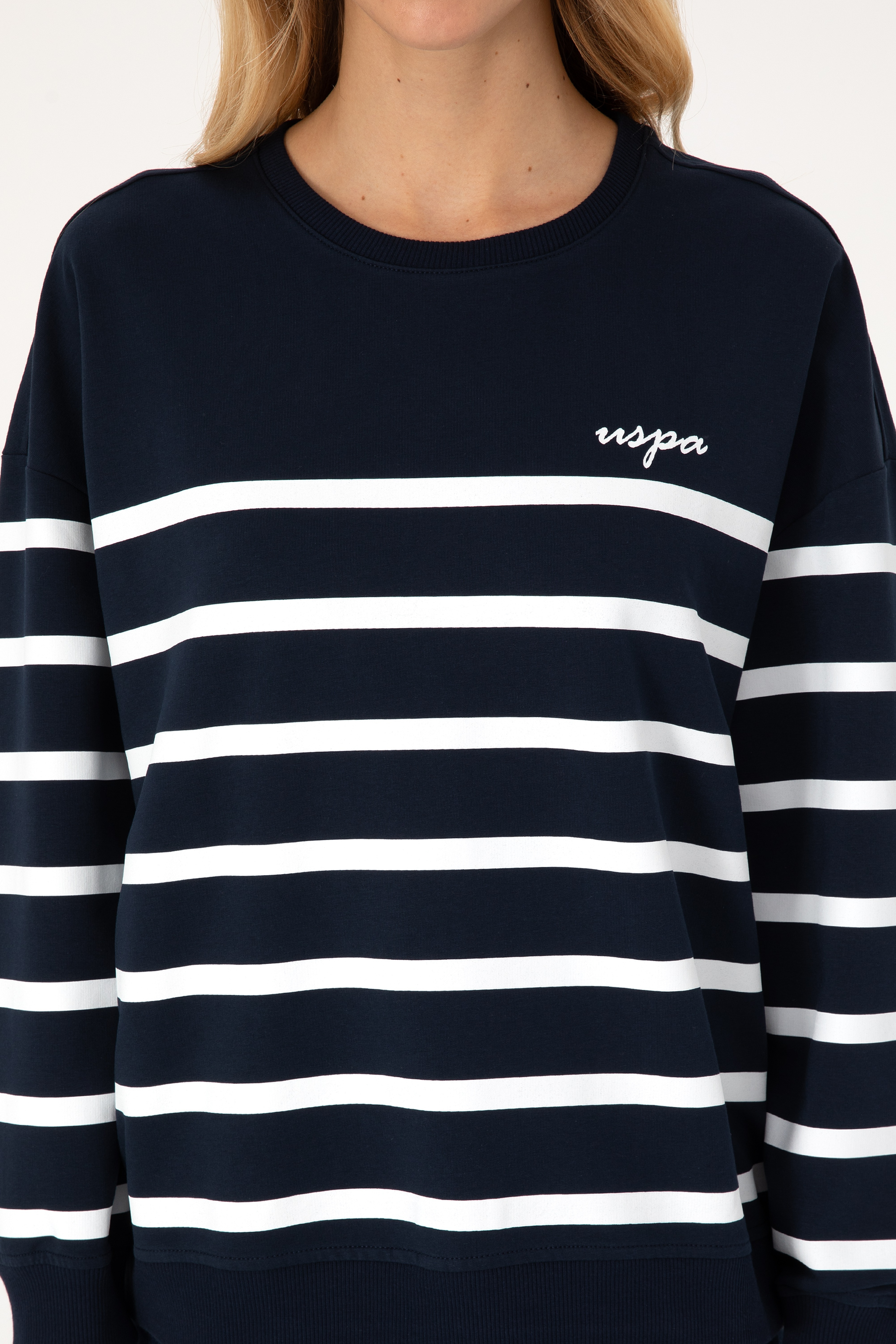 Kadın Lacivert Çizgili Bisiklet Yaka Sweatshirt
