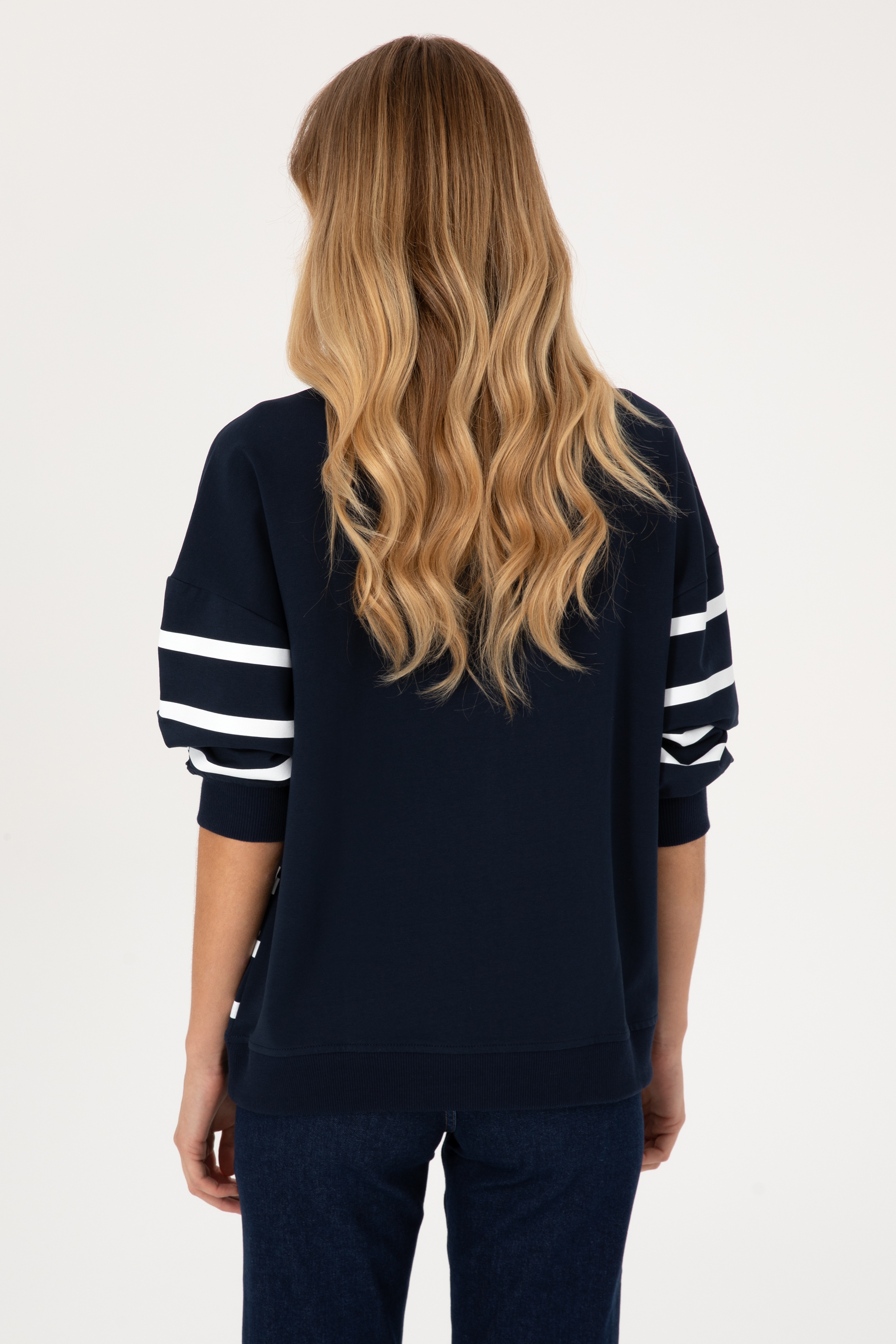 Kadın Lacivert Çizgili Bisiklet Yaka Sweatshirt - Image 5