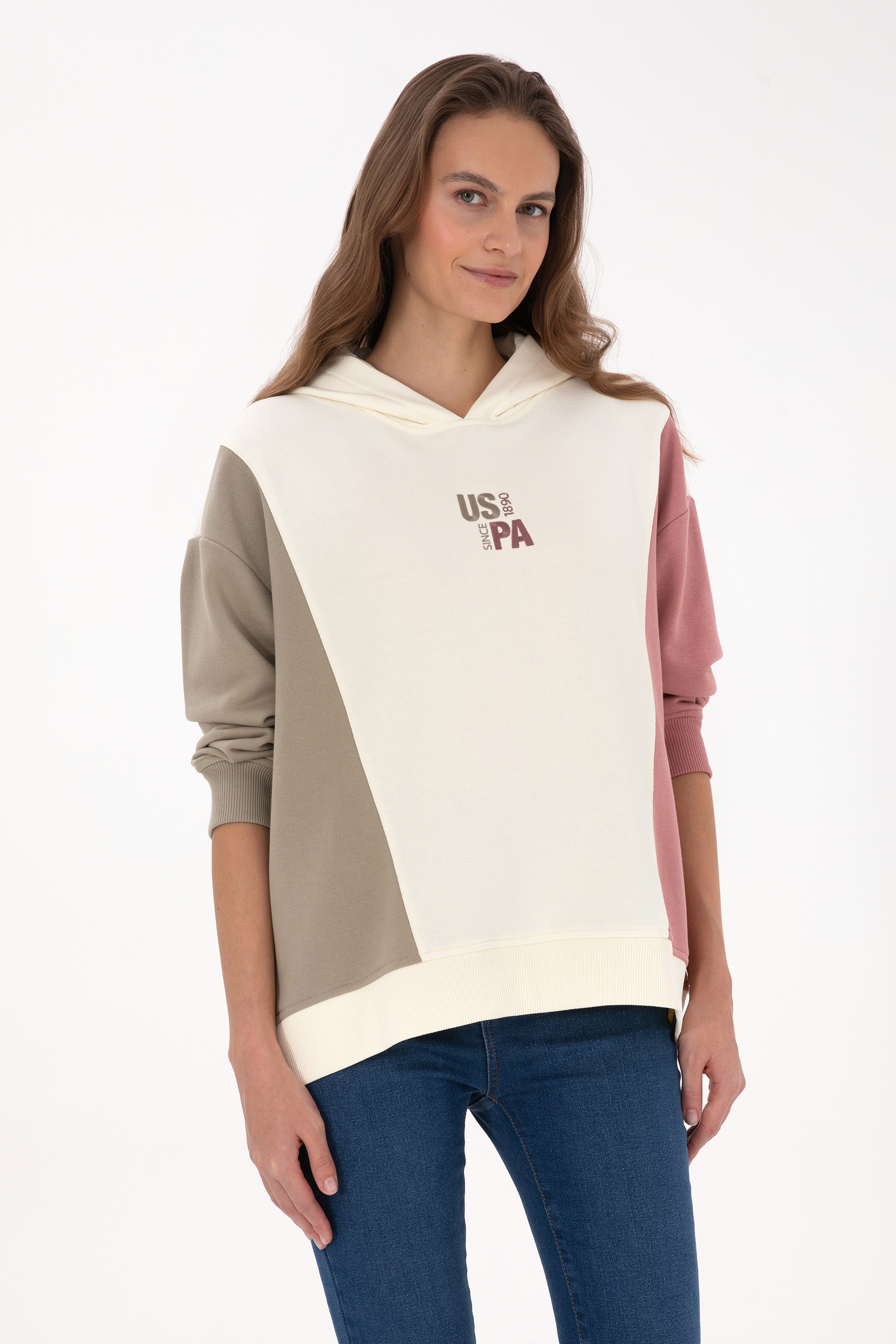 Kadın Krem Kapüşonlu Sweatshirt - Image 1