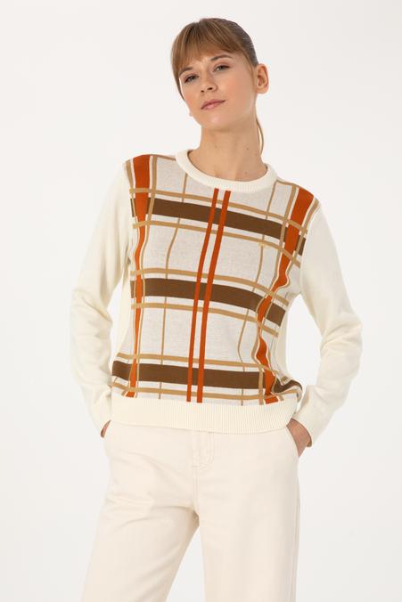 Kadın Krem Melanj Bisiklet Yaka Çizgili Kazak