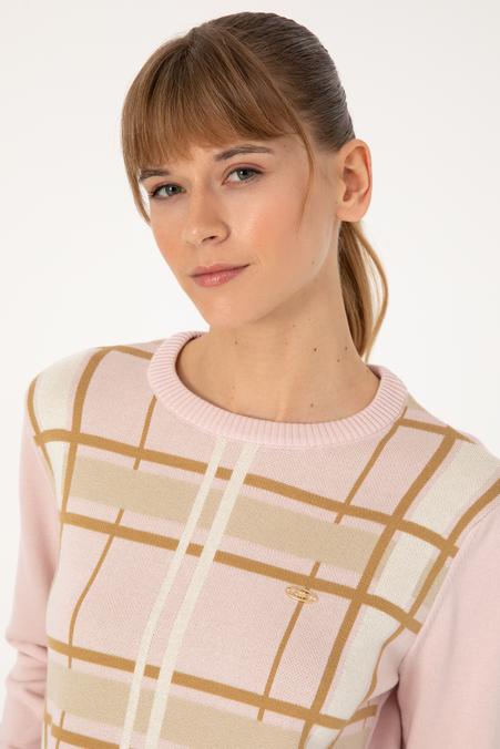 Kadın Pudra Bisiklet Yaka Çizgili Kazak