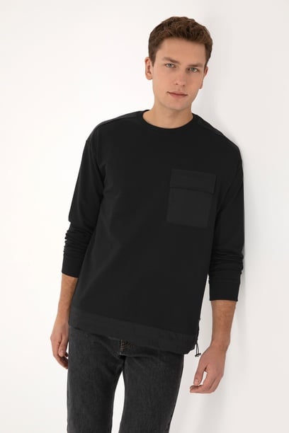 Erkek Comfort Fit Bisiklet Yaka Cep Detaylı Siyah Sweatshirt