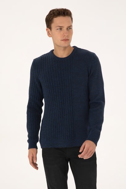 Erkek Comfort Fit Bisiklet Yaka Lacivert Kazak