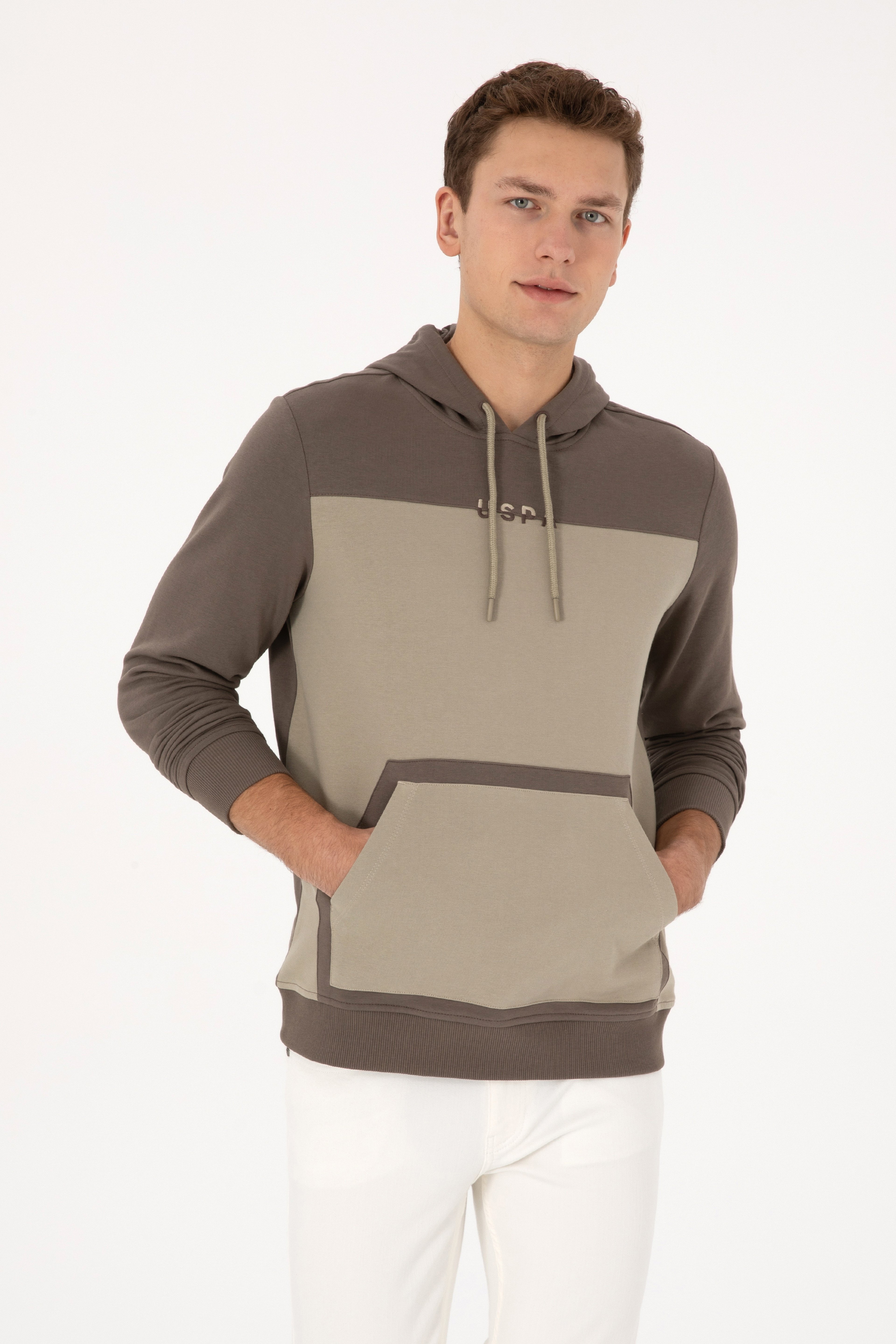 Erkek Regular Fit Kapüşonlu Vizon Sweatshirt - Image 1