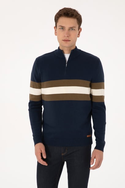 Erkek Regular Fit Yarım Fermuarlı Lacivert Kazak