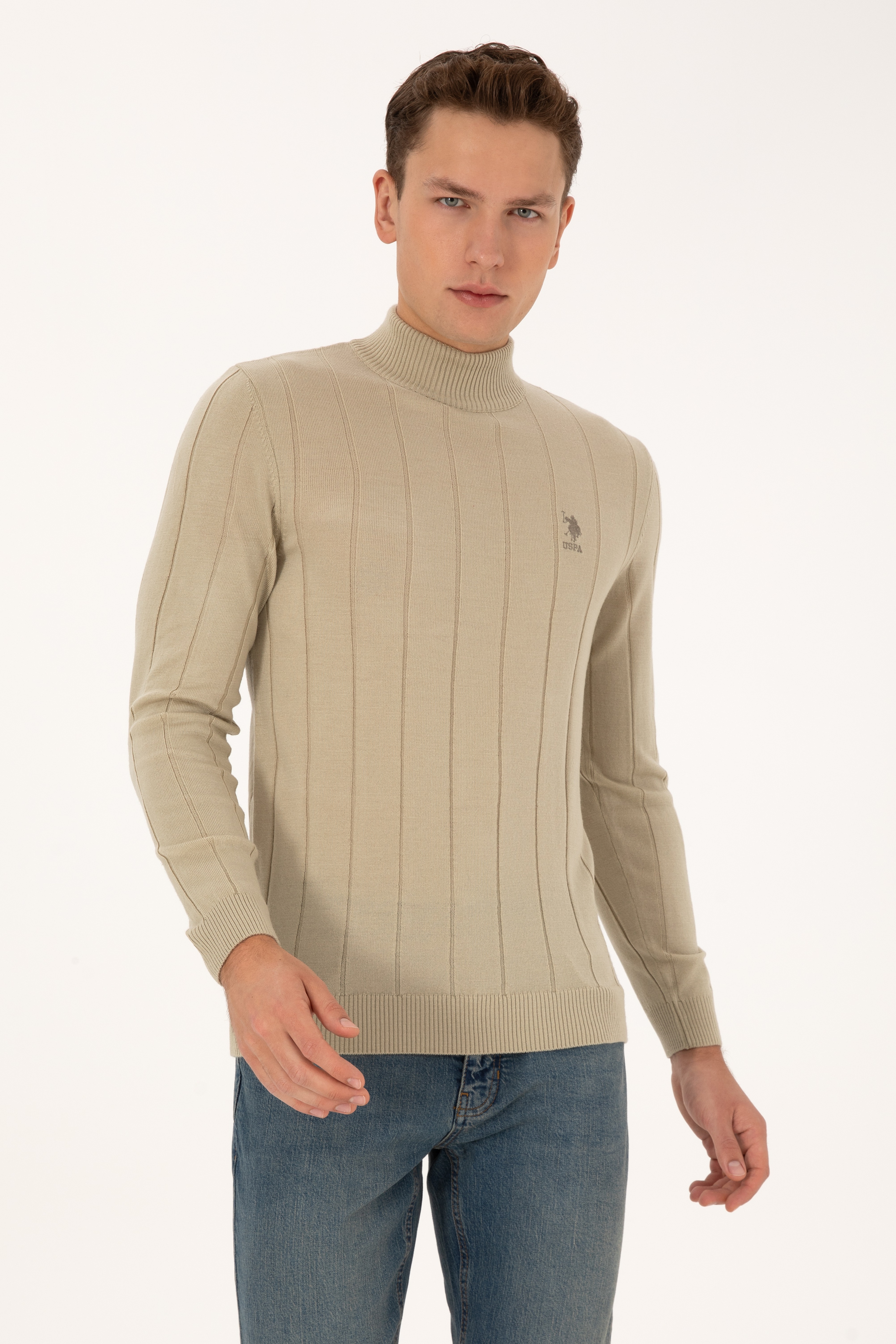 Erkek Slim Fit Yarım Balıkçı Yaka Açık Haki Kazak