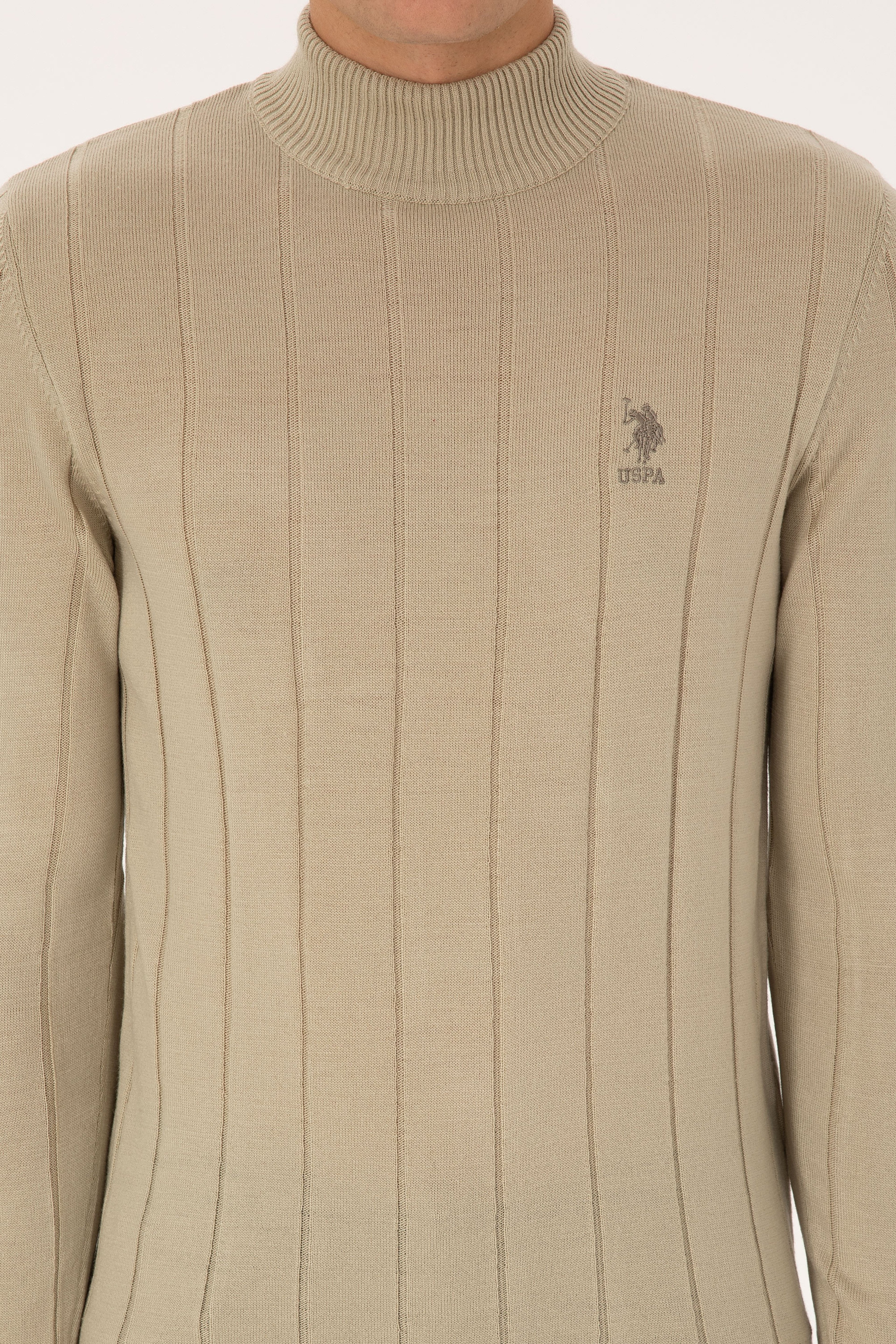Erkek Slim Fit Yarım Balıkçı Yaka Açık Haki Kazak