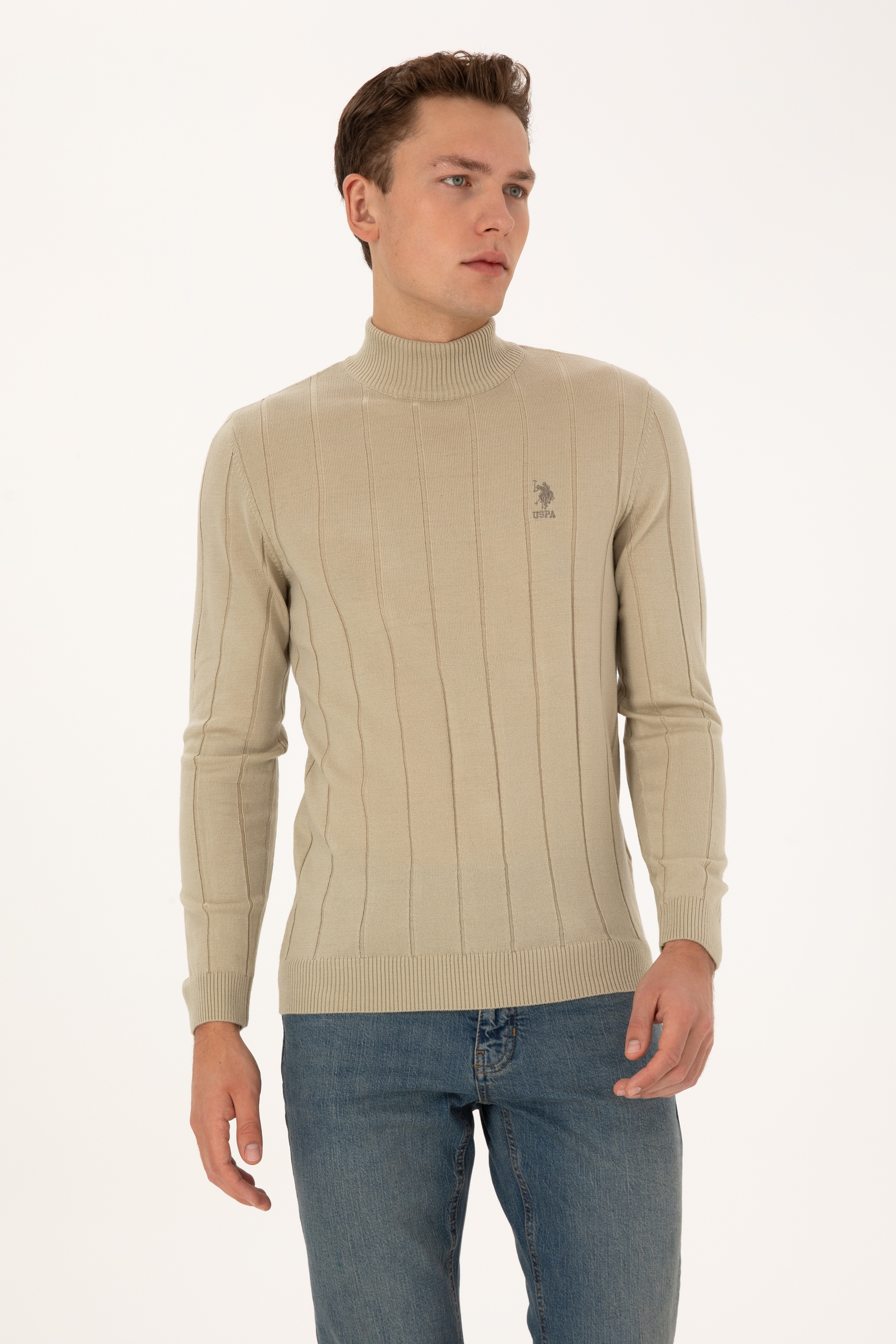 Erkek Slim Fit Yarım Balıkçı Yaka Açık Haki Kazak - Image 3