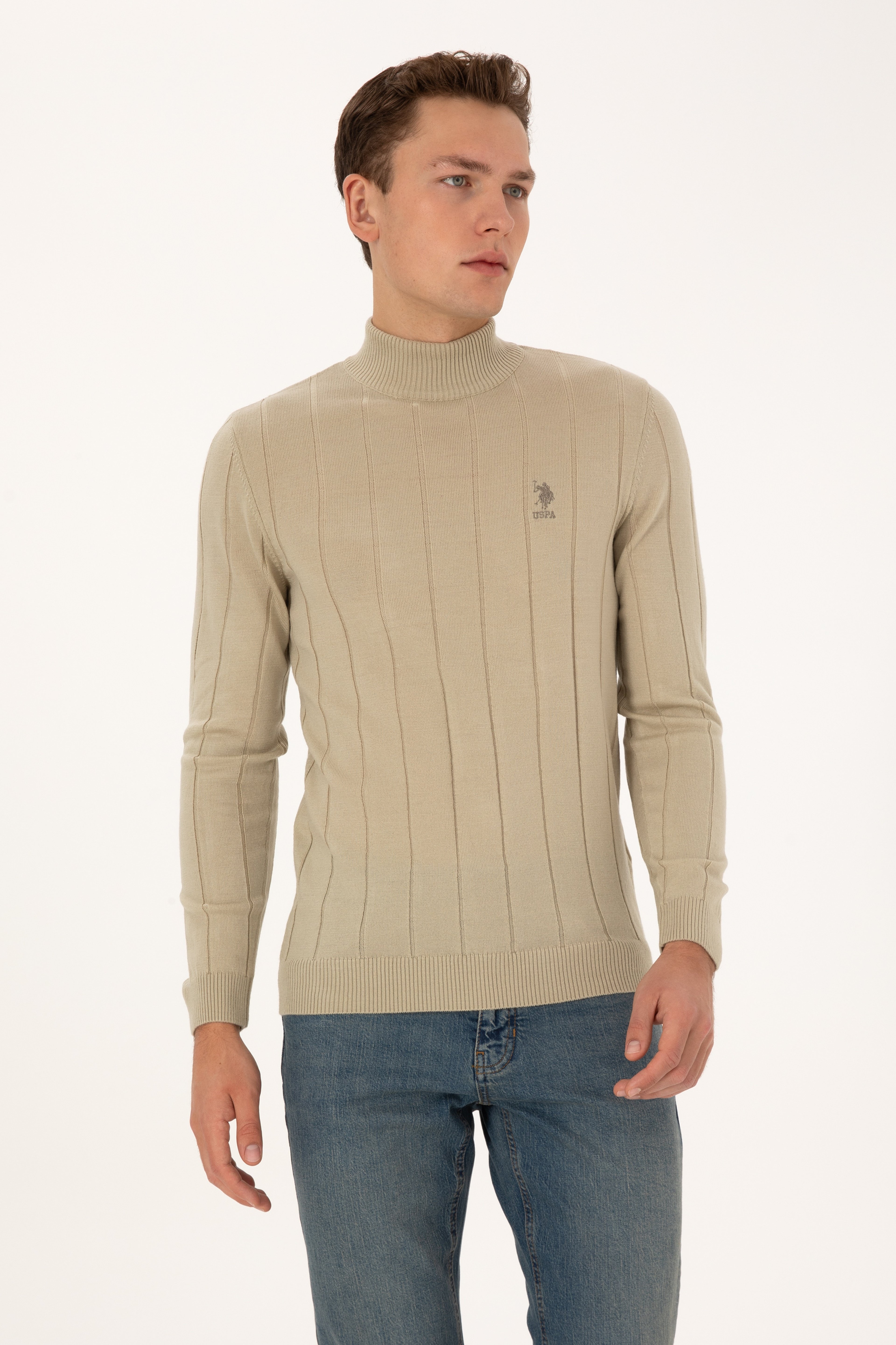 Erkek Slim Fit Yarım Balıkçı Yaka Açık Haki Kazak