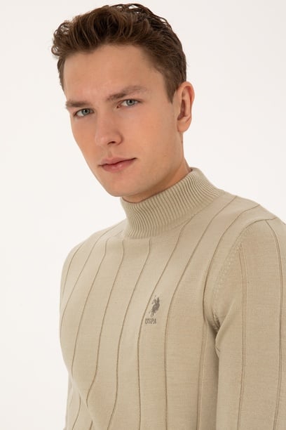 Erkek Slim Fit Yarım Balıkçı Yaka Açık Haki Kazak