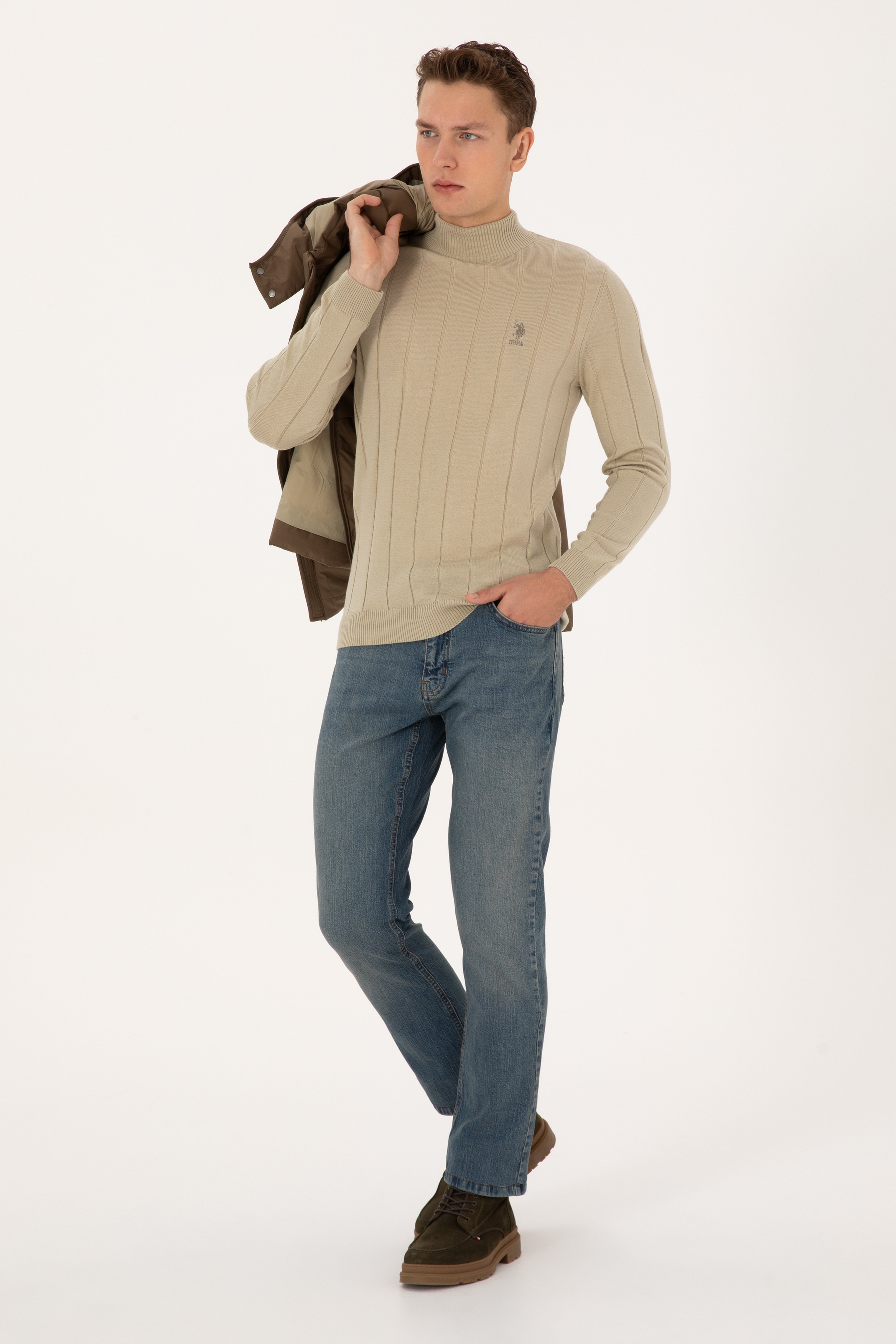 Erkek Slim Fit Yarım Balıkçı Yaka Açık Haki Kazak