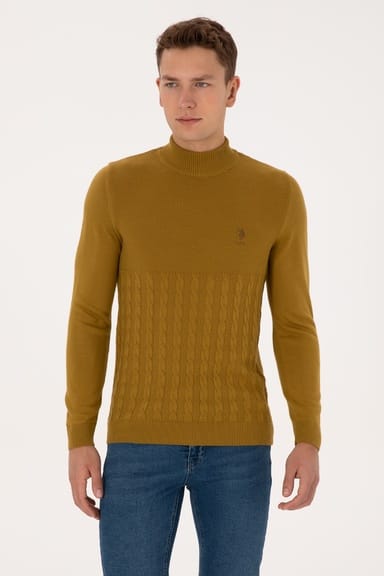 Erkek Slim Fit Yarım Balıkçı Yaka Hardal Kazak
