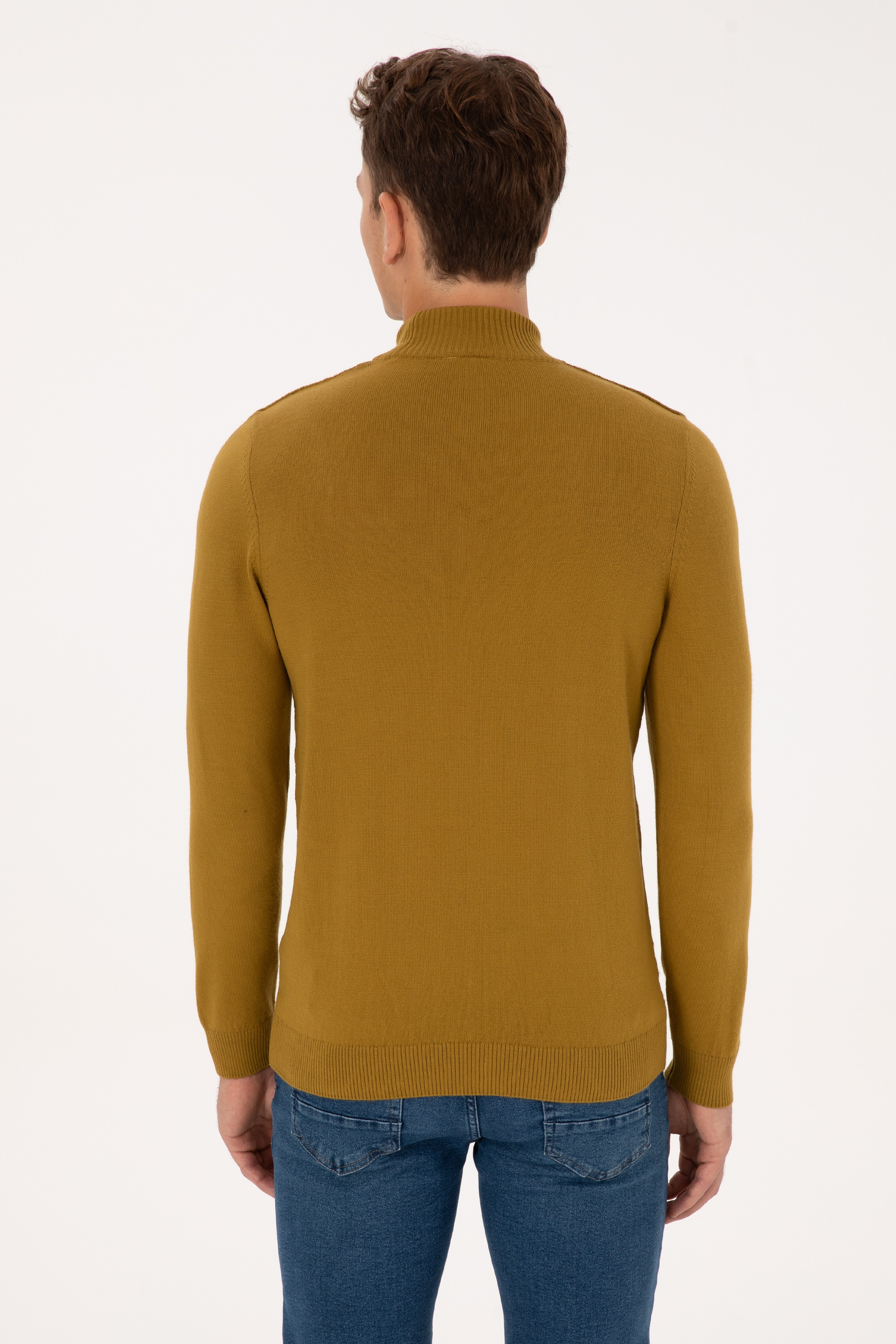 Erkek Slim Fit Yarım Balıkçı Yaka Hardal Kazak