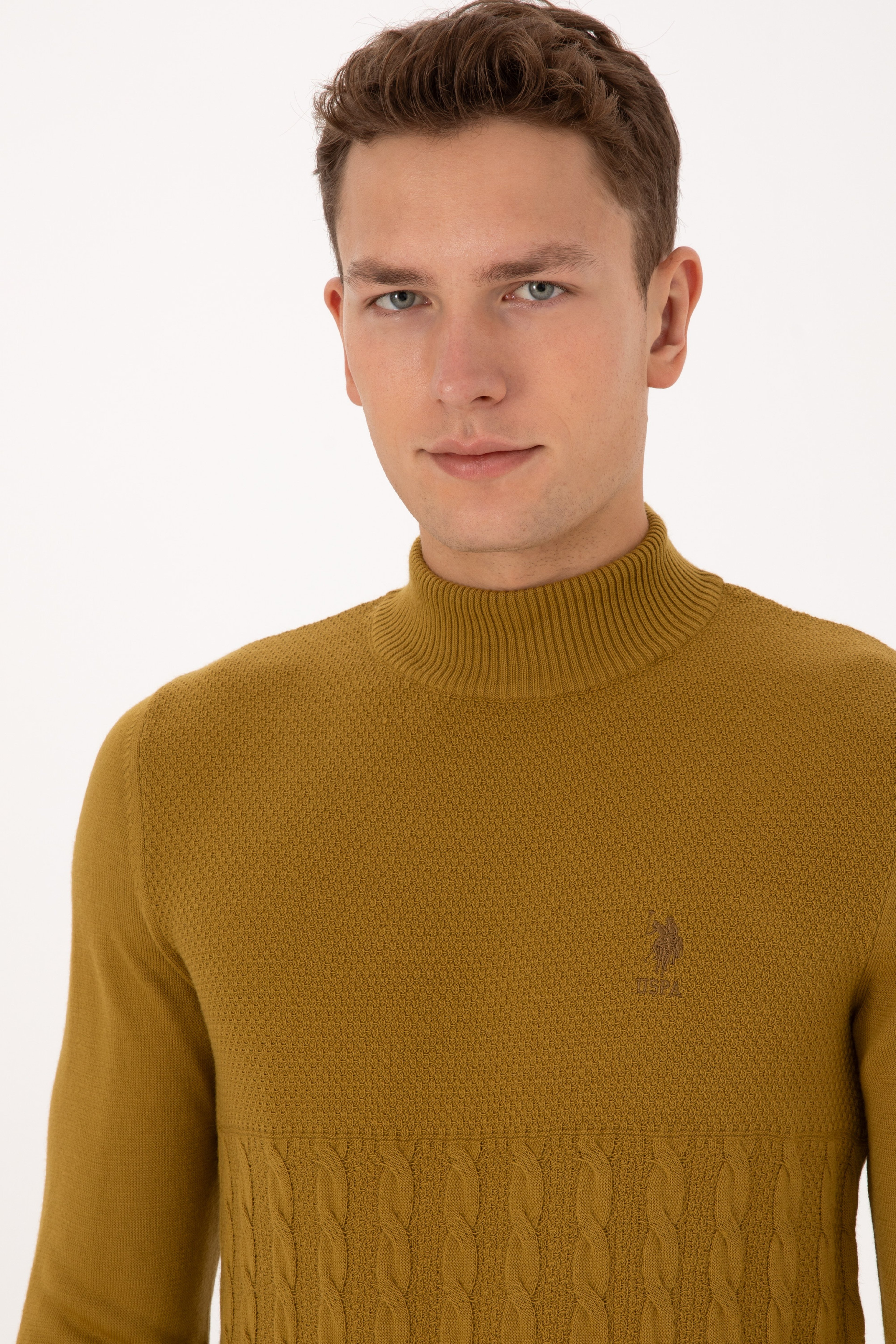Erkek Slim Fit Yarım Balıkçı Yaka Hardal Kazak