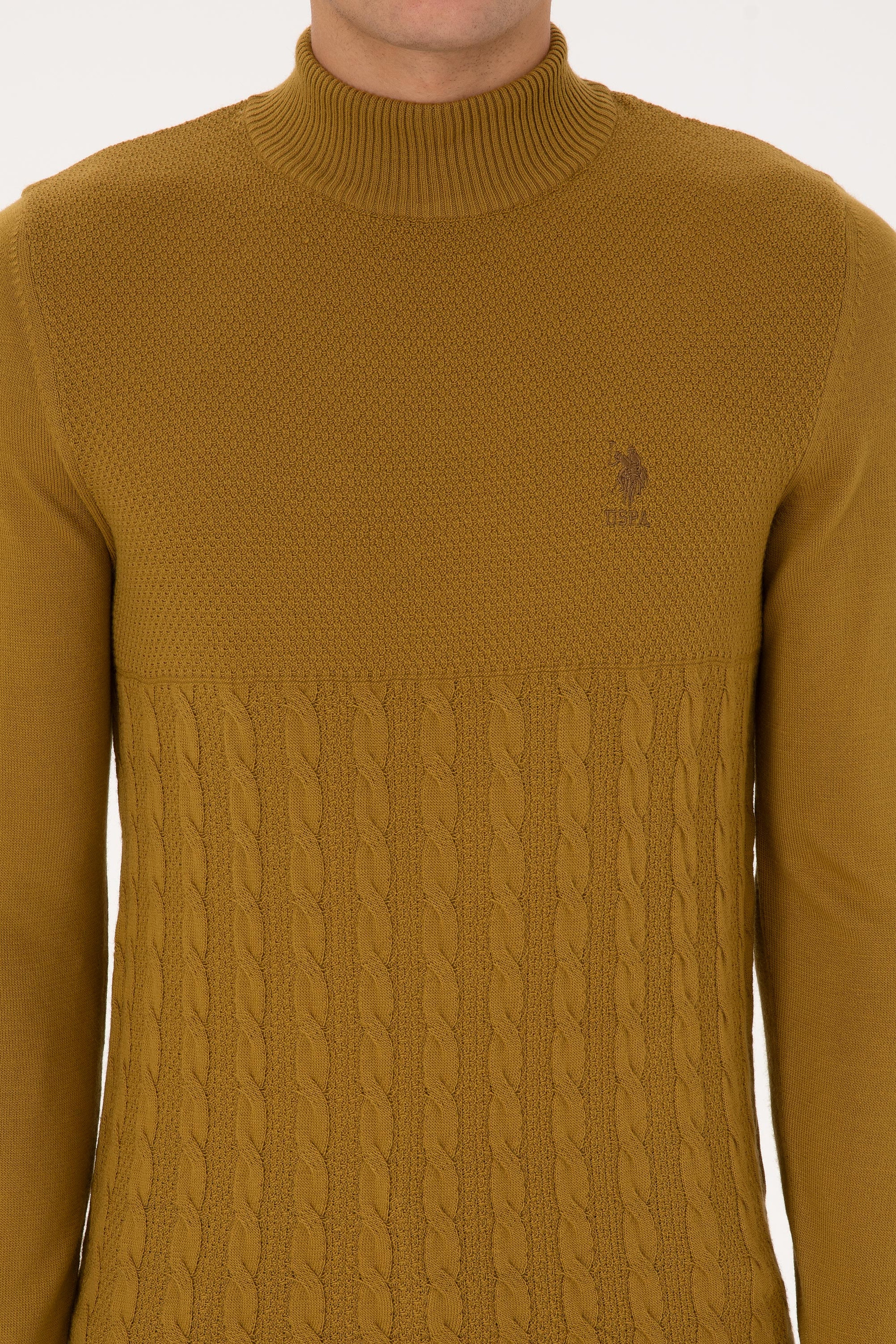 Erkek Slim Fit Yarım Balıkçı Yaka Hardal Kazak