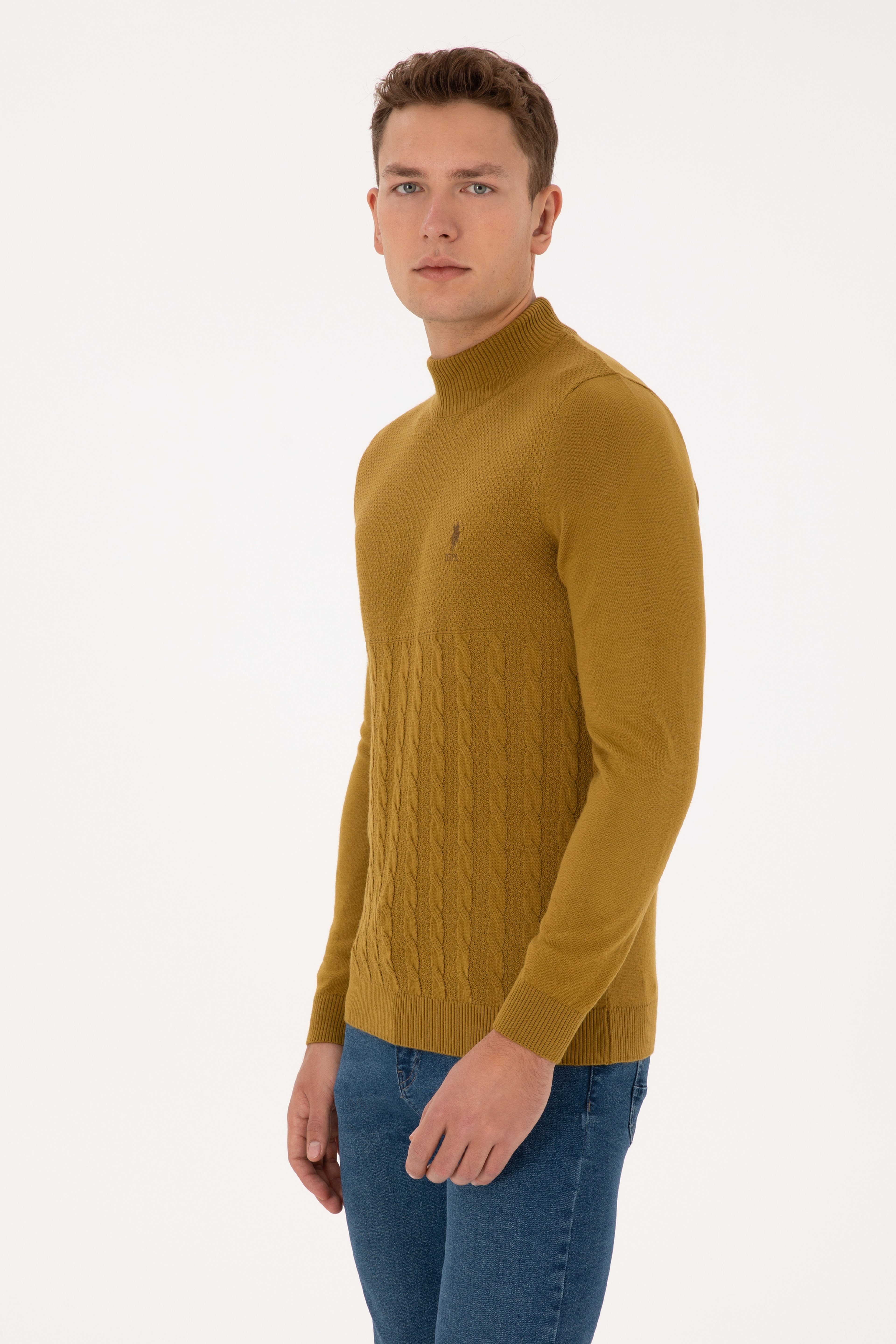 Erkek Slim Fit Yarım Balıkçı Yaka Hardal Kazak - Image 3