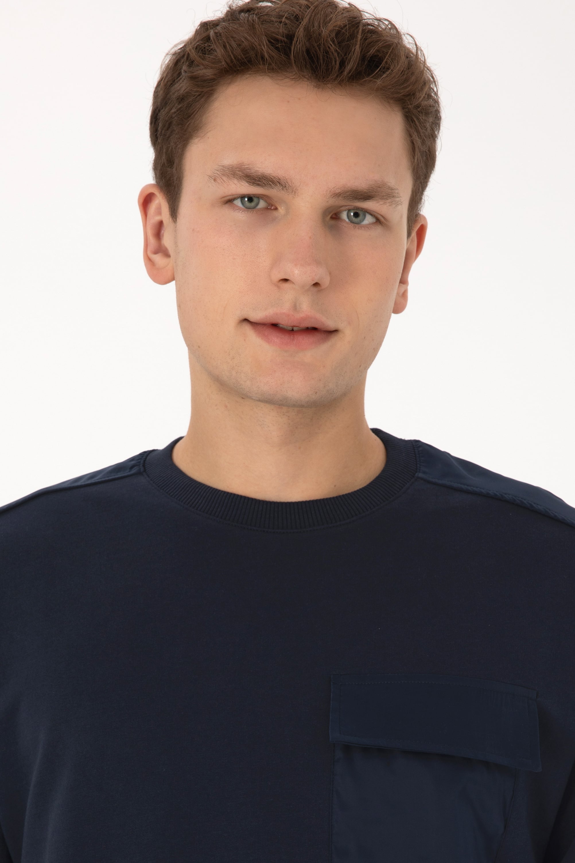 Erkek Comfort Fit Bisiklet Yaka Cep Detaylı Lacivert Sweatshirt