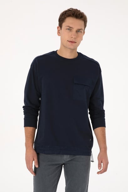 Erkek Comfort Fit Bisiklet Yaka Cep Detaylı Lacivert Sweatshirt