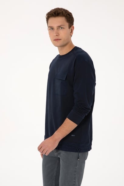 Erkek Comfort Fit Bisiklet Yaka Cep Detaylı Lacivert Sweatshirt