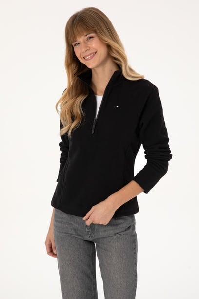 Kadın Siyah Fermuarlı Dik Yaka Polar Sweatshirt