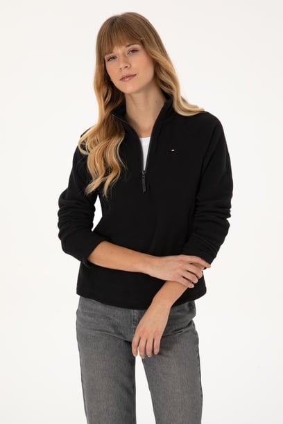 Kadın Siyah Fermuarlı Dik Yaka Polar Sweatshirt